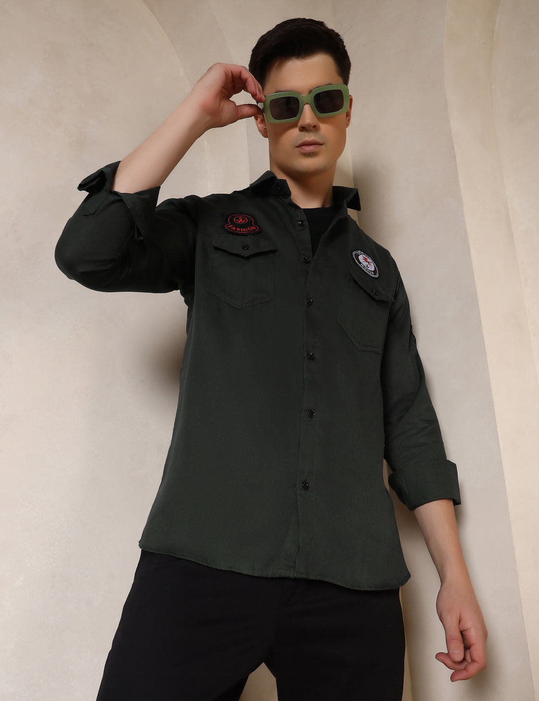 Urban Style Embroidery Patch Olive Green Cotton Blend Shirt
