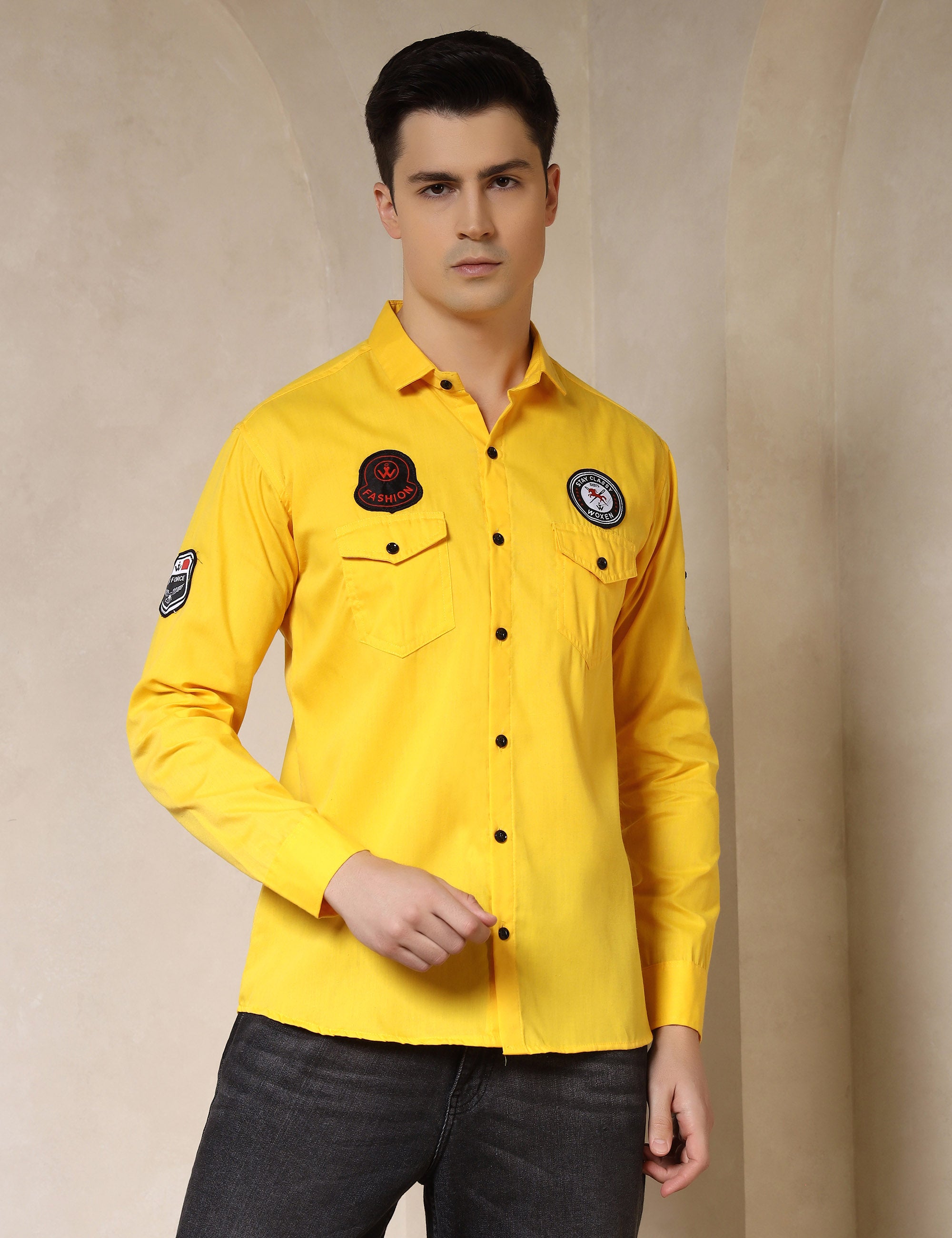 Urban Style Embroidery Patch Yellow Cotton Blend Shirt