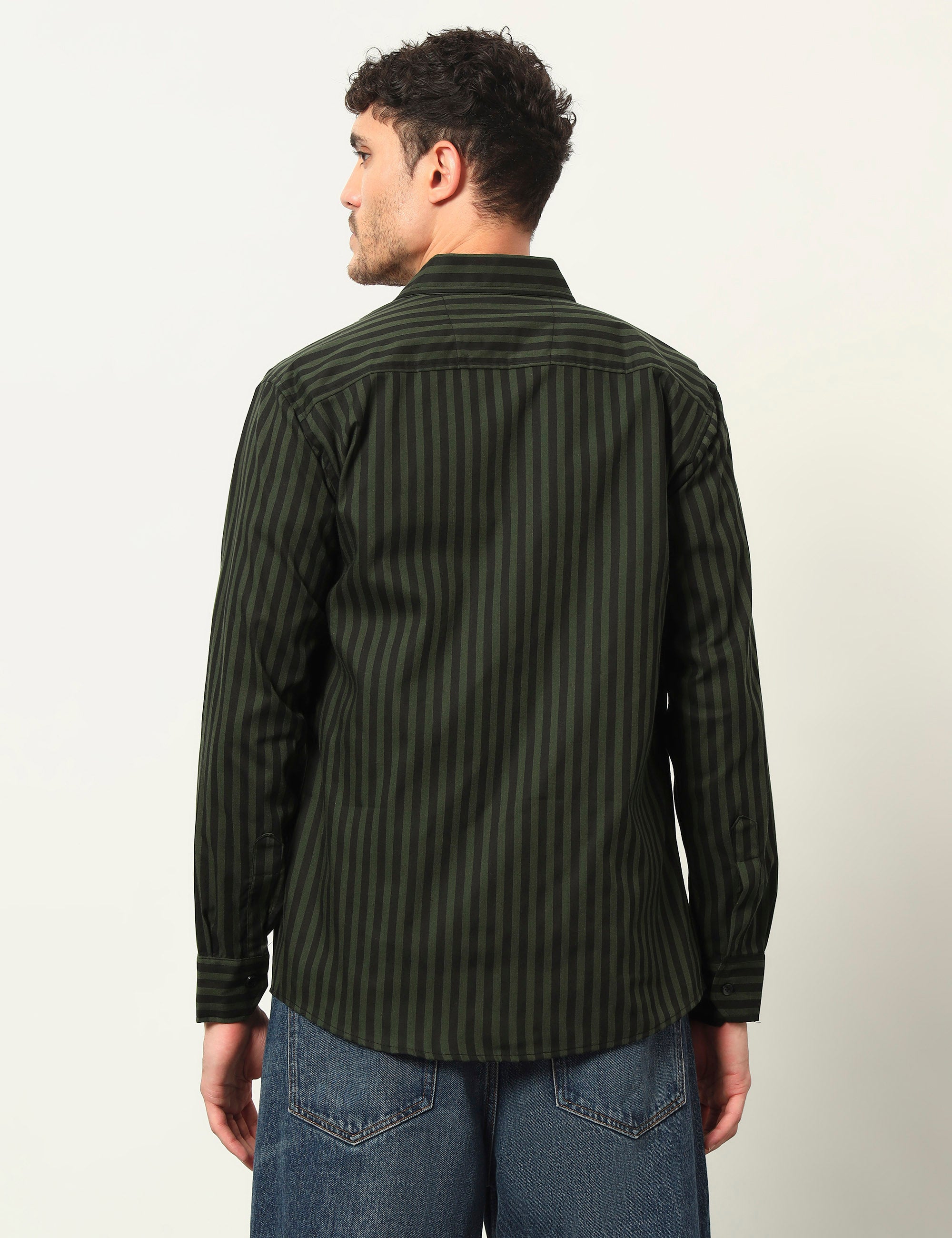 Inferno Stripes Casual Olive Green Cotton Blend Shirt