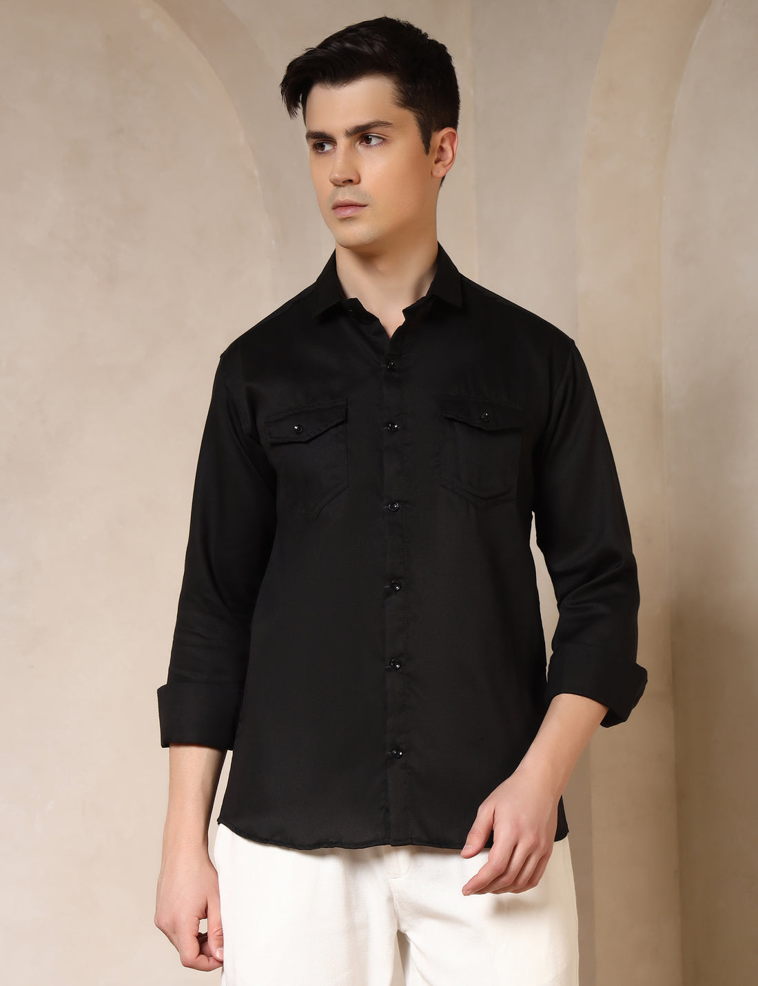 Classic Black Dual Pocket Cotton Blend Shirt