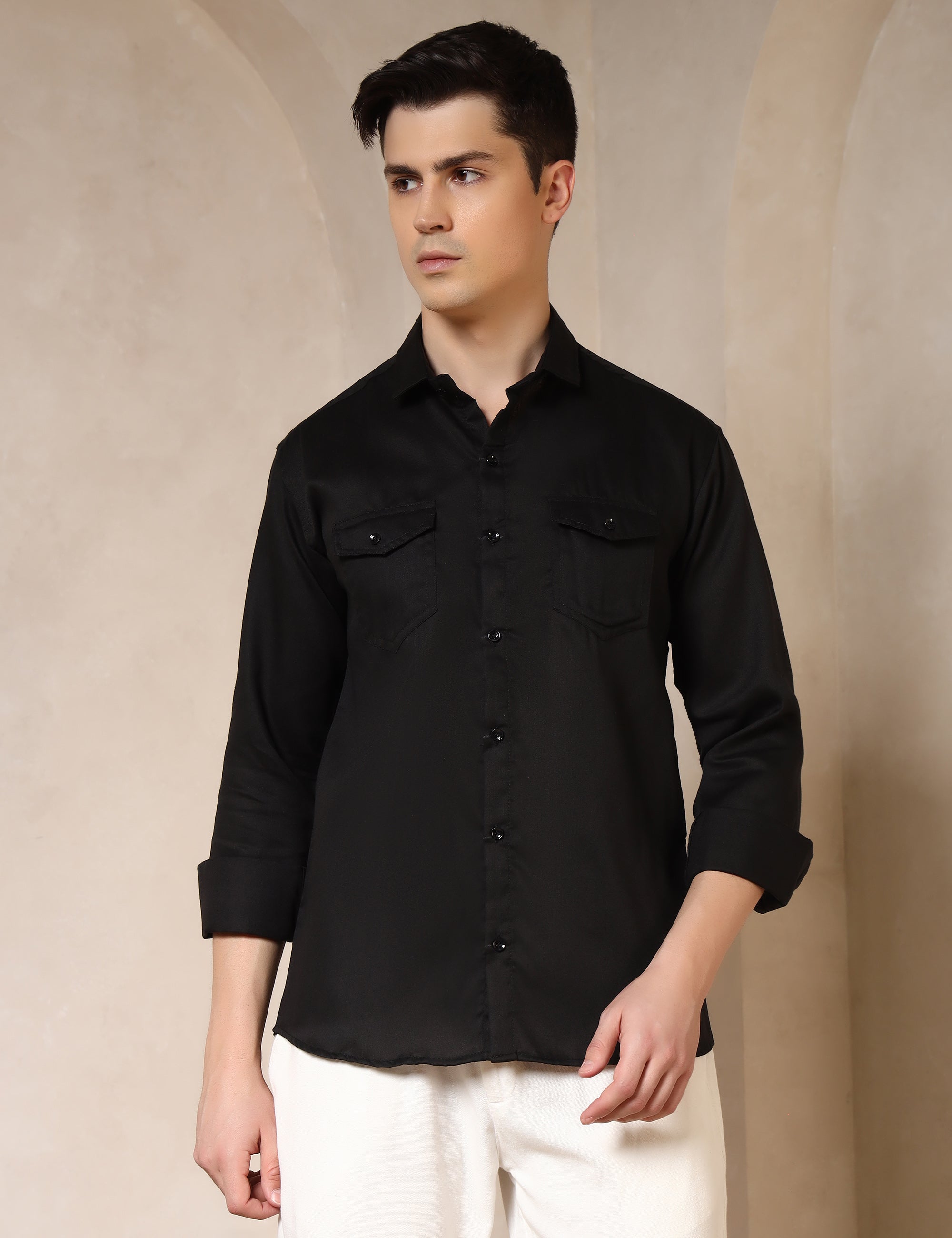 Classic Black Dual Pocket Cotton Blend Shirt
