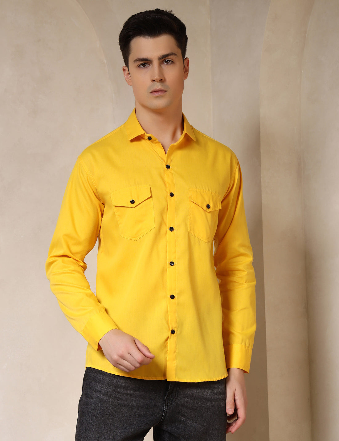 Classic Yellow Dual Pocket Cotton Blend Shirt