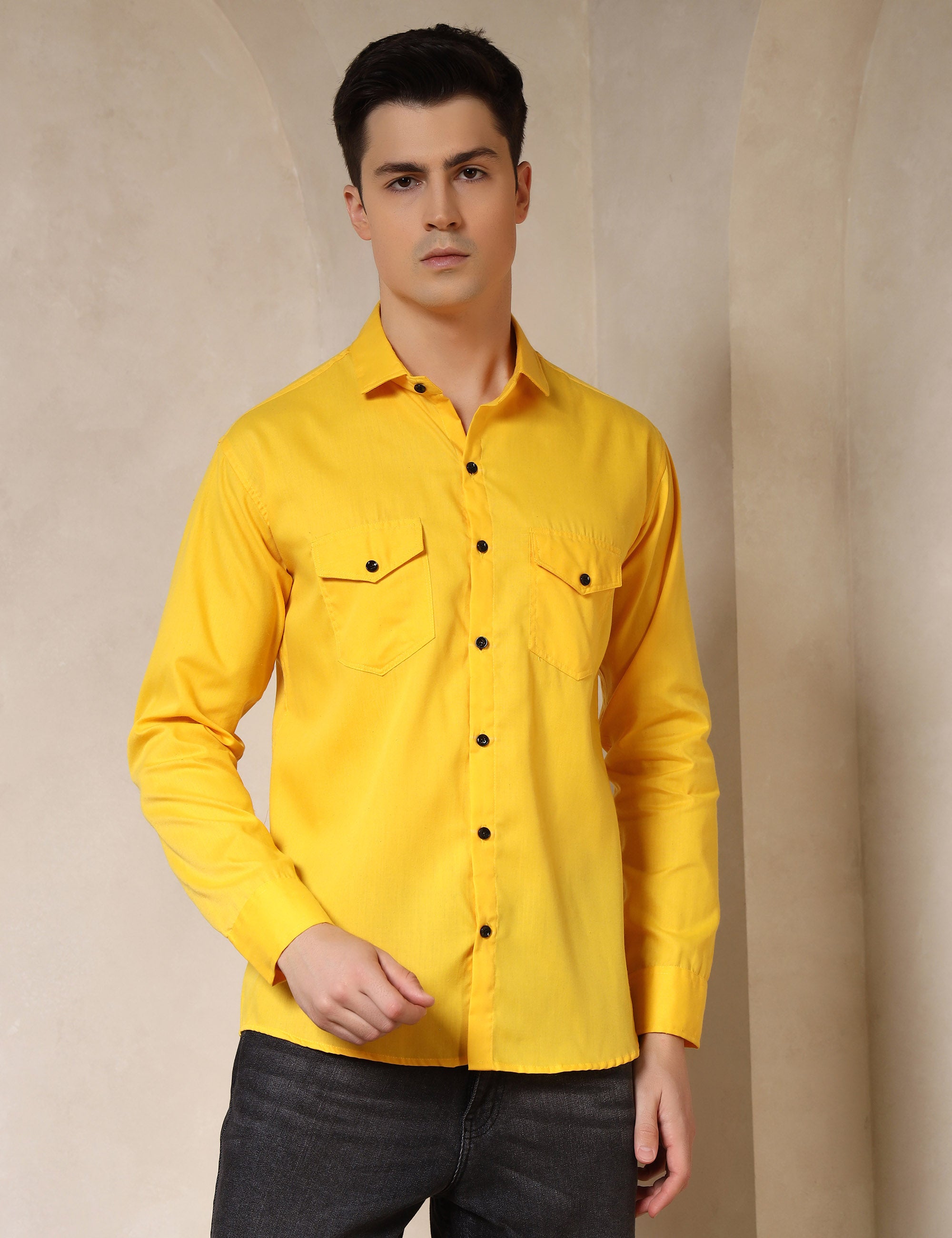 Classic Yellow Dual Pocket Cotton Blend Shirt