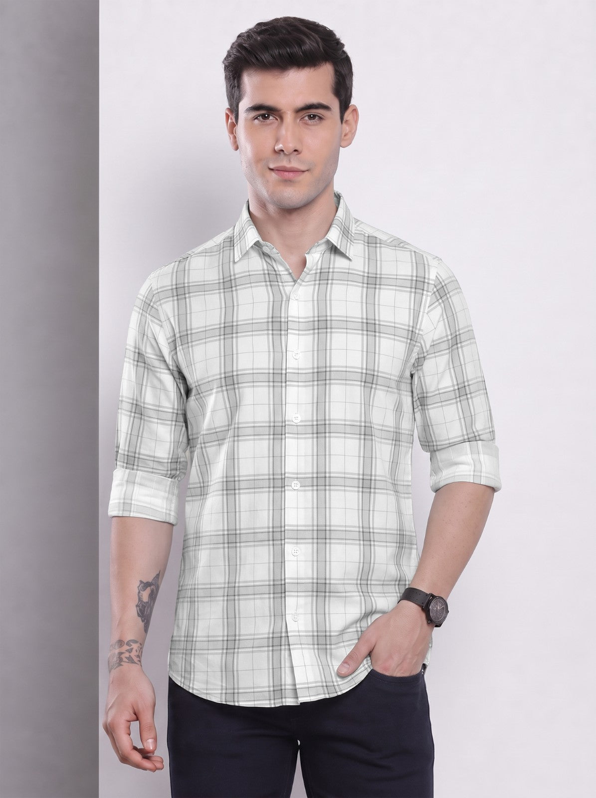 Men's White Classic Checkered Cotton Blend Casual Shirt