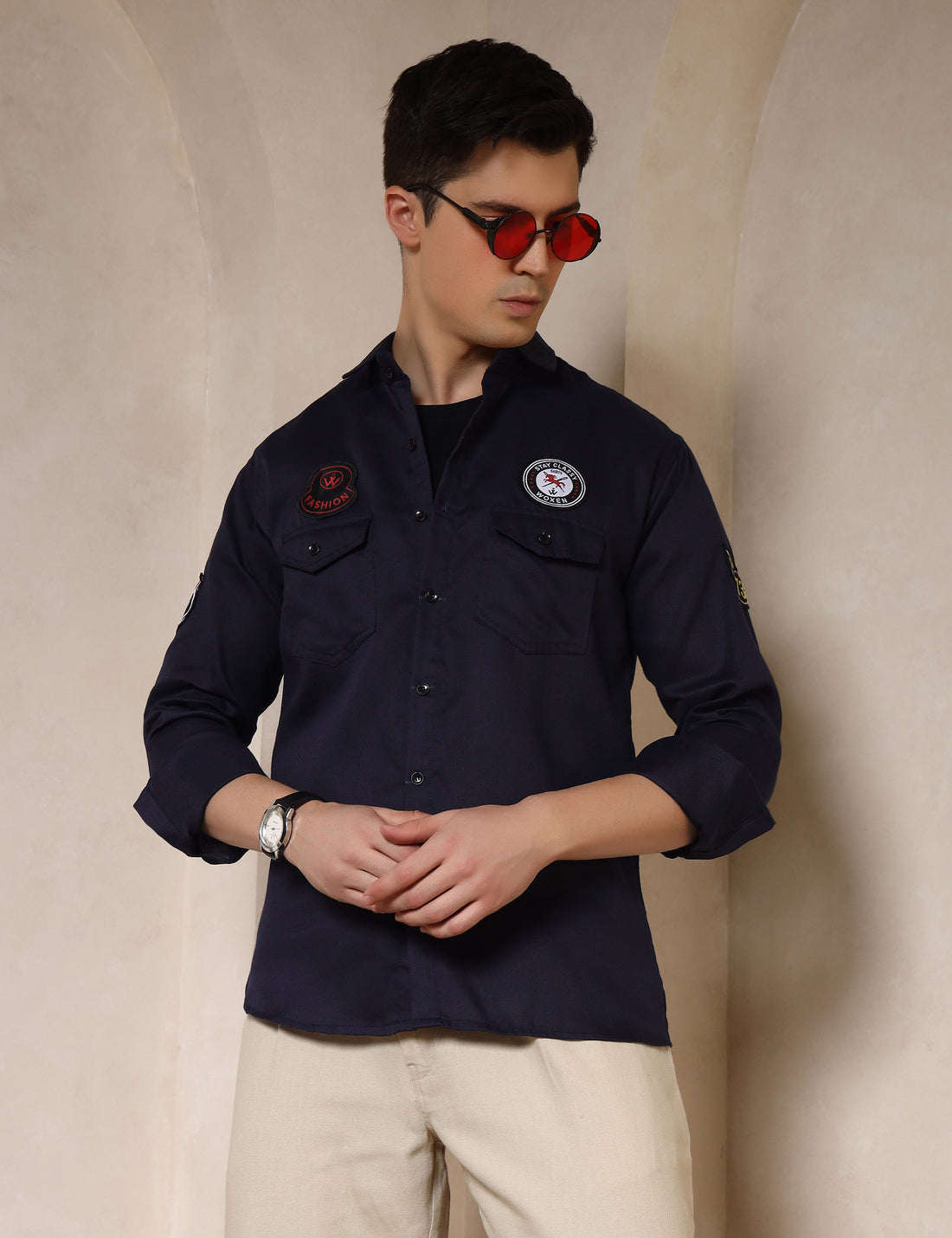 Urban Style Embroidery Patch Navy Blue Cotton Blend Shirt