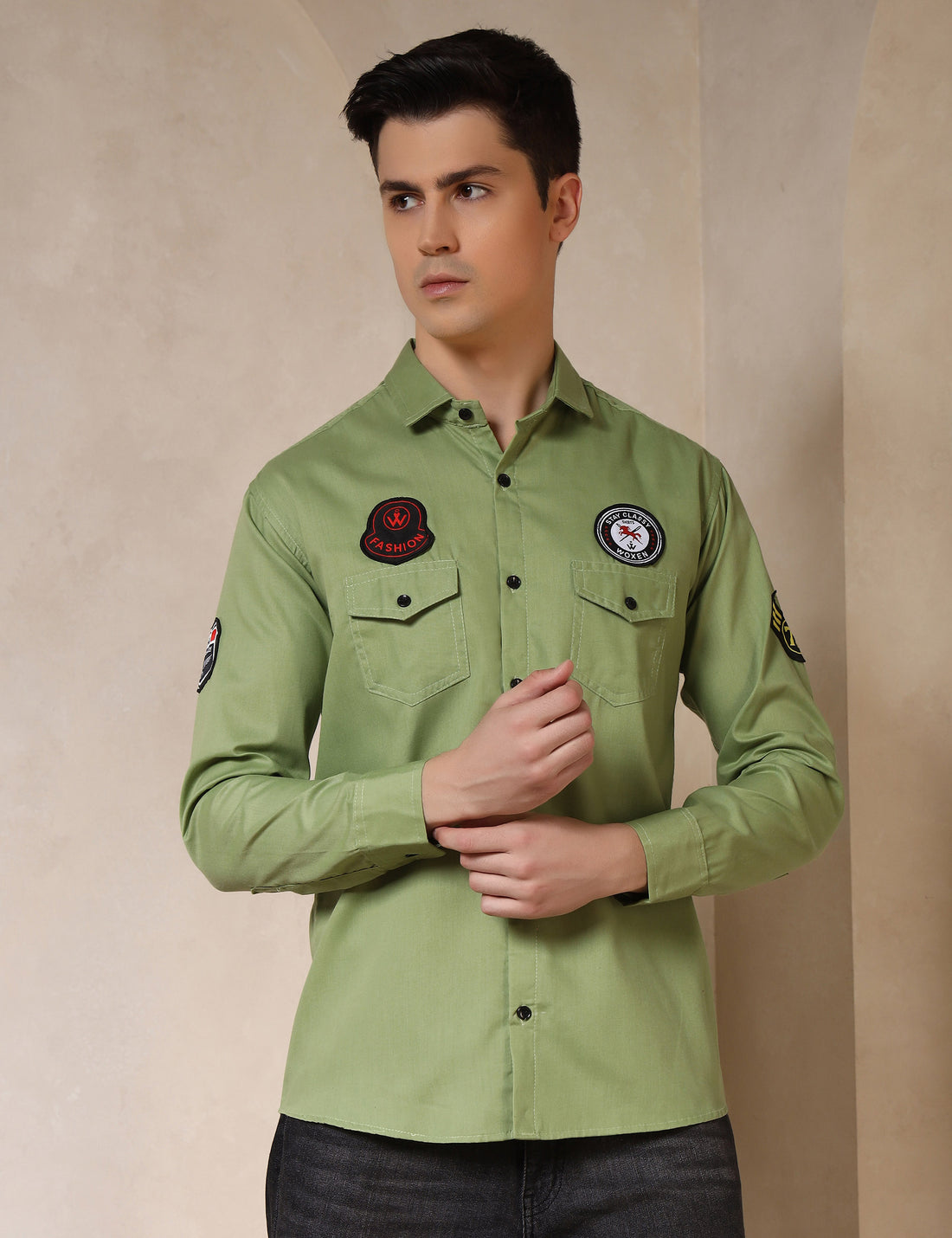 Urban Style Embroidery Patch Light Green Cotton Blend Shirt