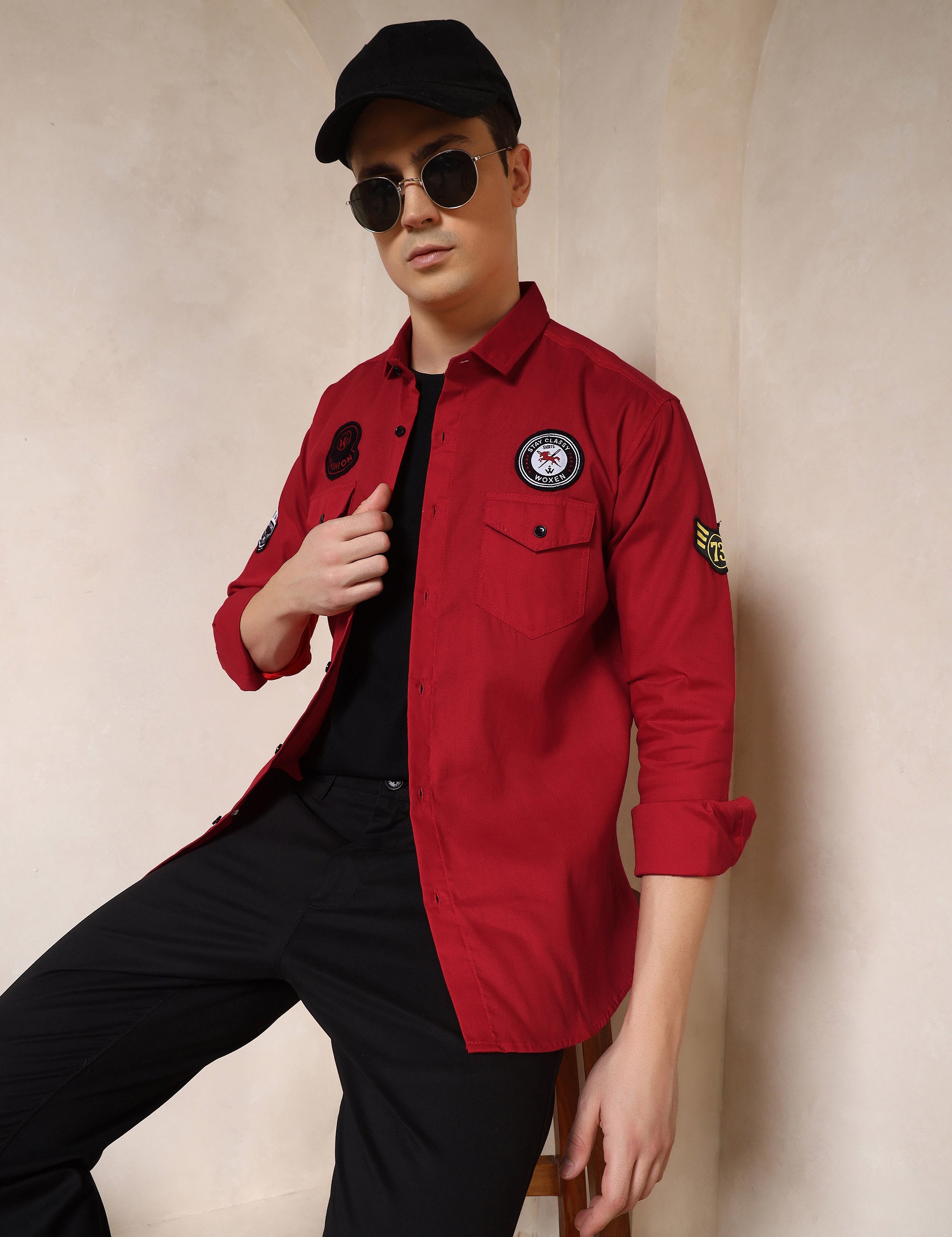 Urban Style Embroidery Patch Red Cotton Blend Shirt