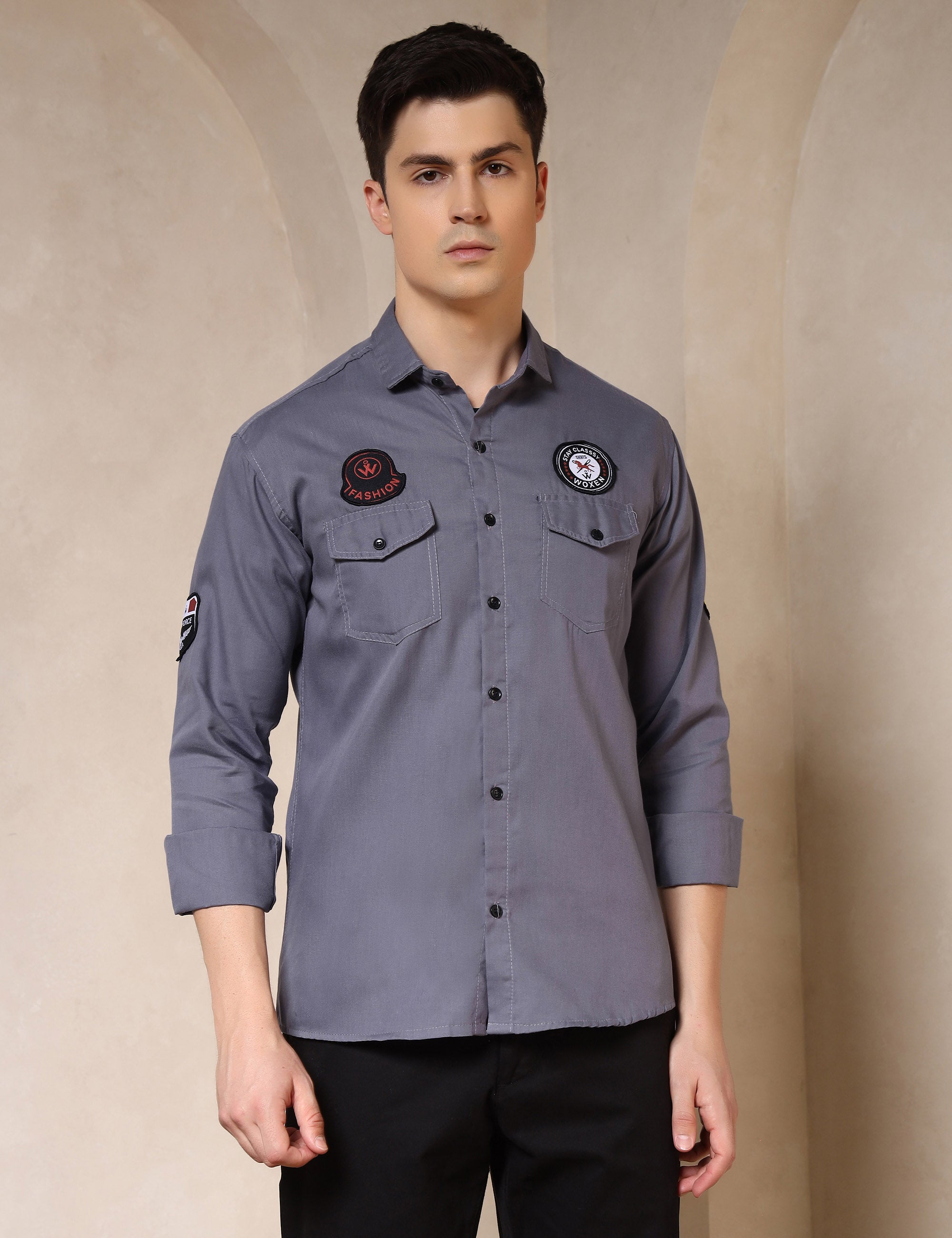 Urban Style Embroidery Patch Grey Cotton Blend Shirt