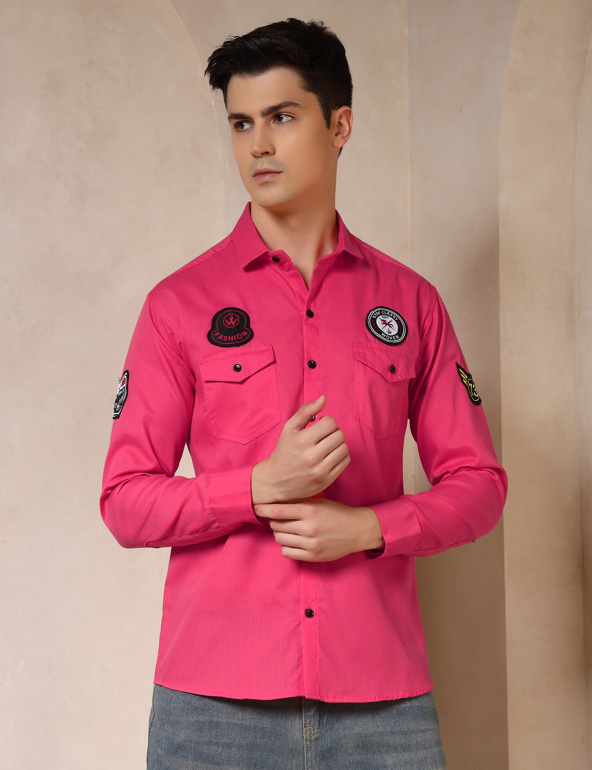 Urban Style Embroidery Patch Pink Cotton Blend Shirt
