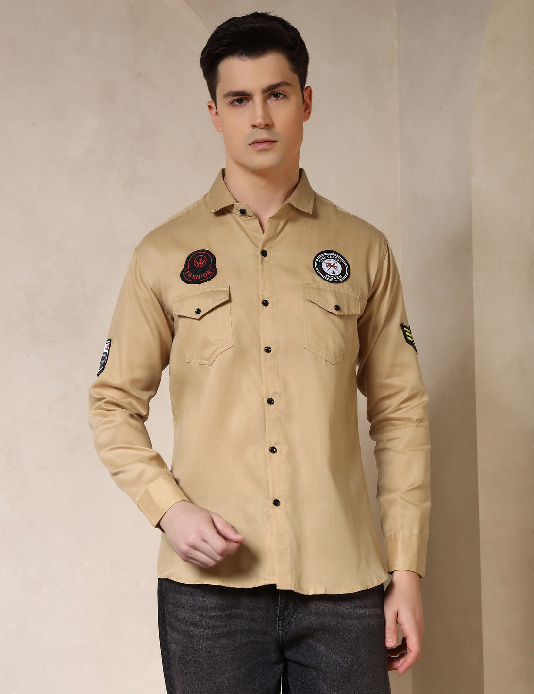 Urban Style Embroidery Patch Ochre Yellow Cotton Blend Shirt