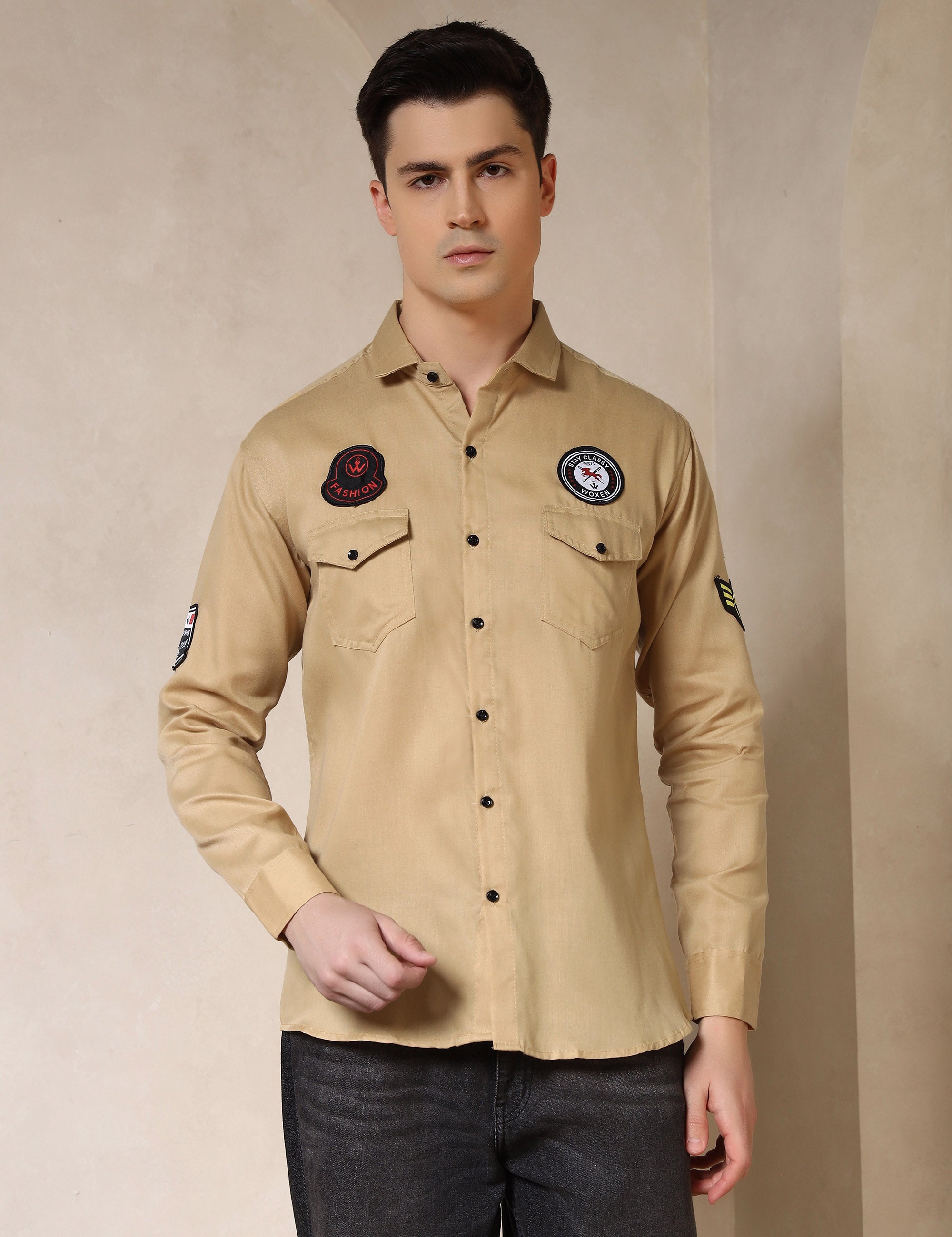 Urban Style Embroidery Patch Ochre Yellow Cotton Blend Shirt