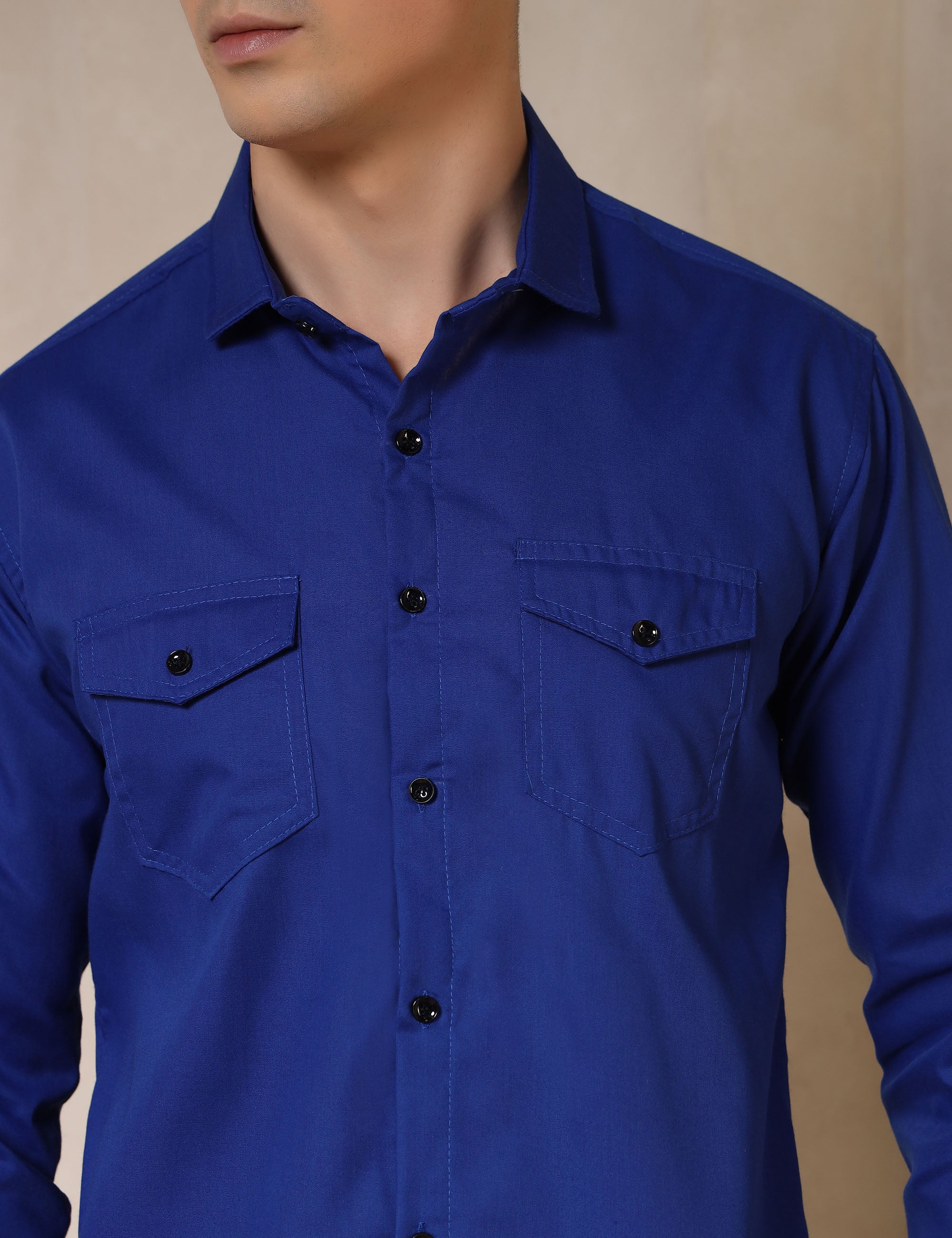 Classic Royal Blue Dual Pocket Cotton Blend Shirt