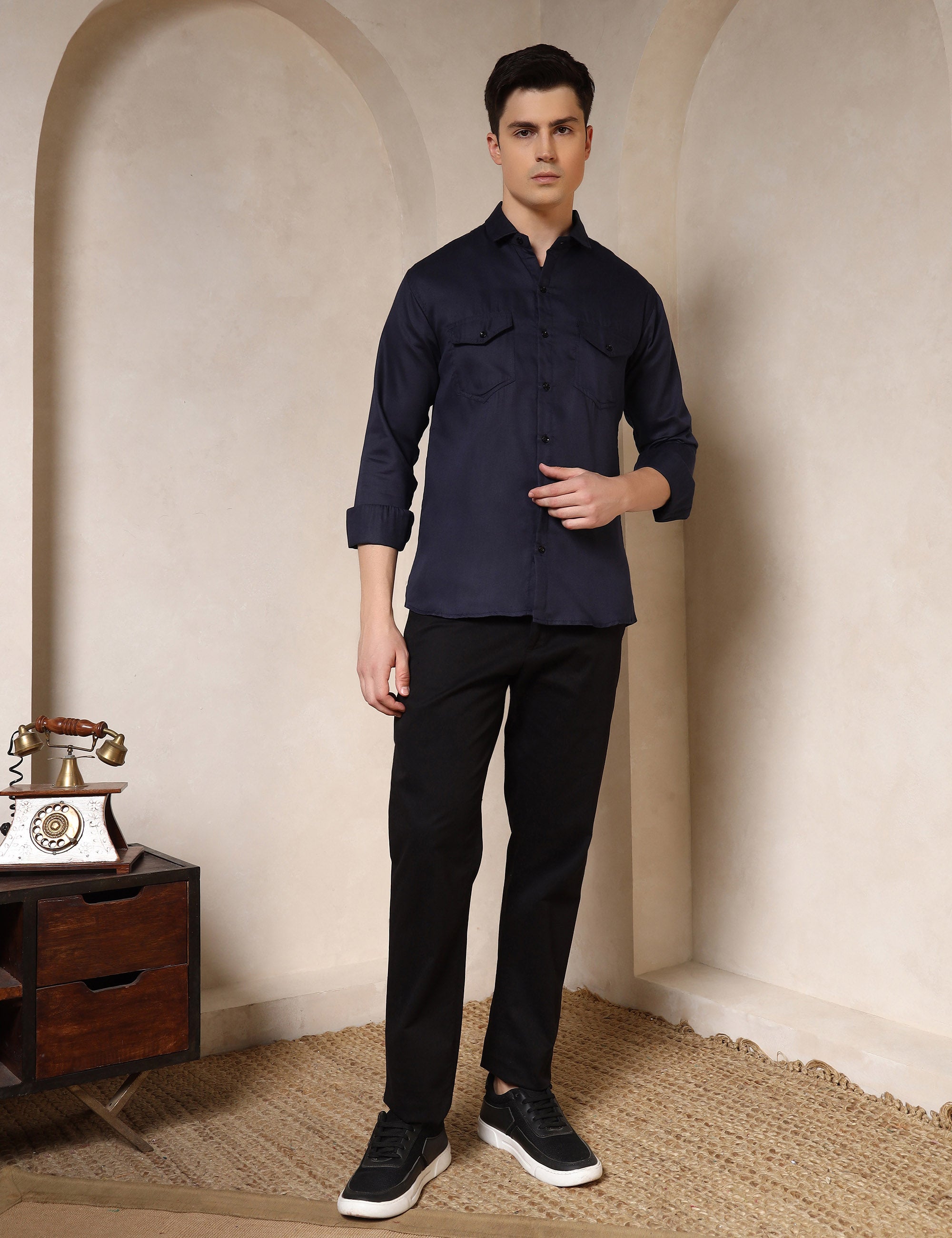 Classic Navy Blue Dual Pocket Cotton Blend Shirt