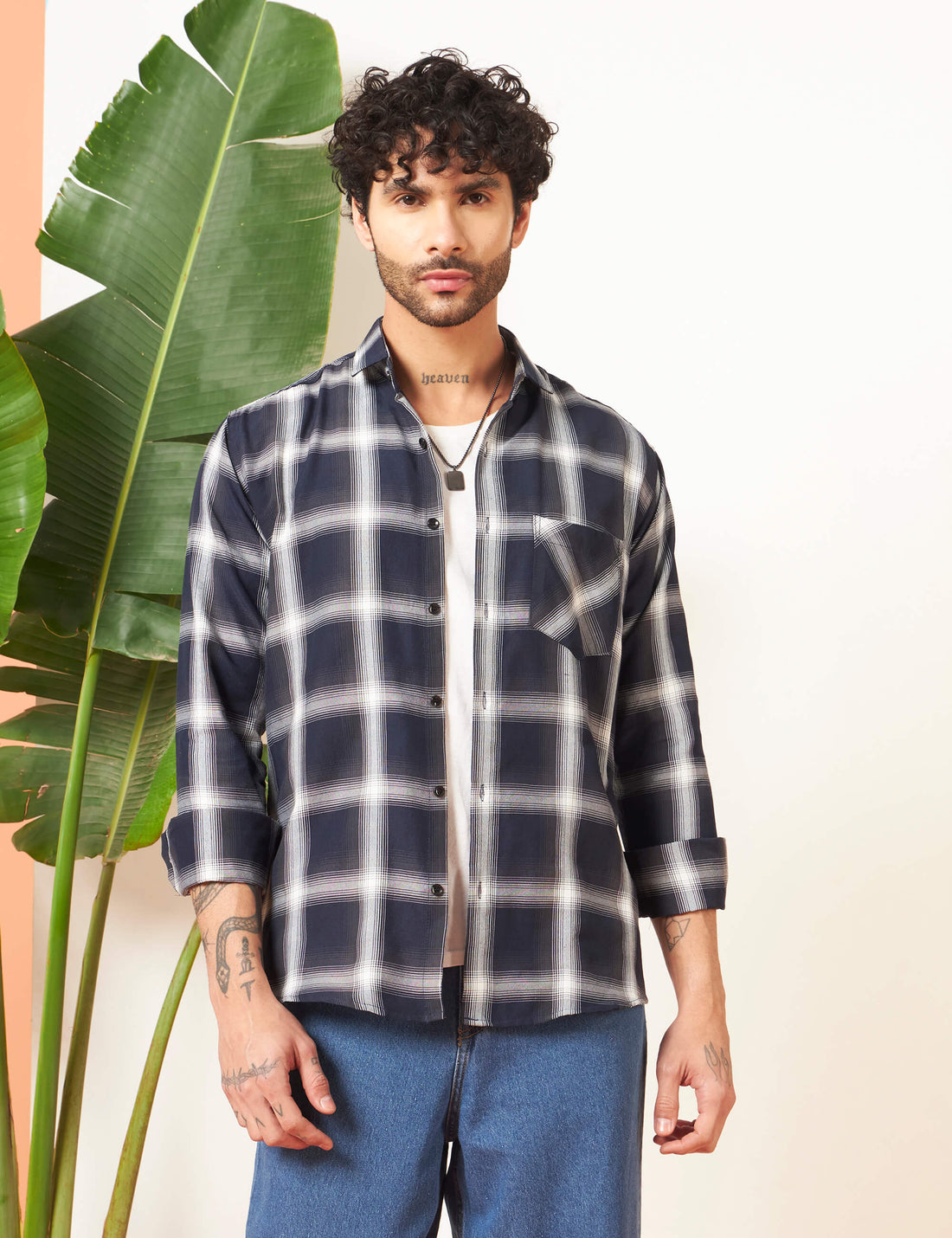Urban Grid Navy Cotton-Blend Shirt