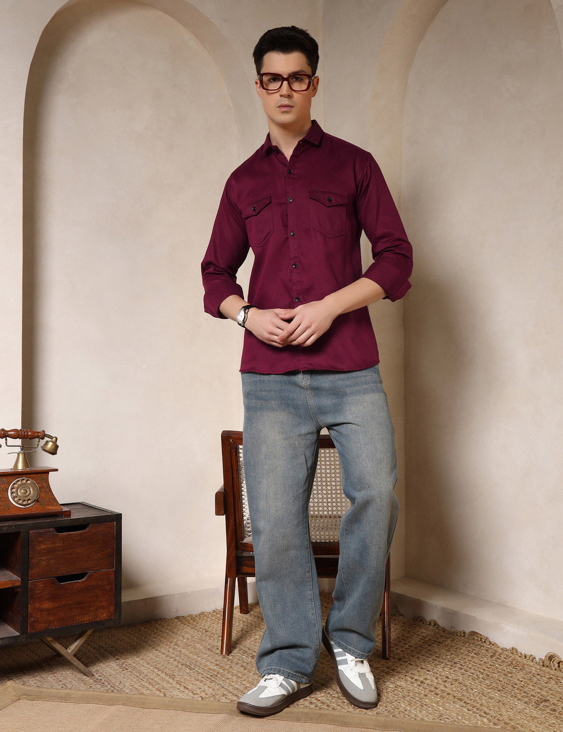 Classic Maroon Dual Pocket Cotton Blend Shirt