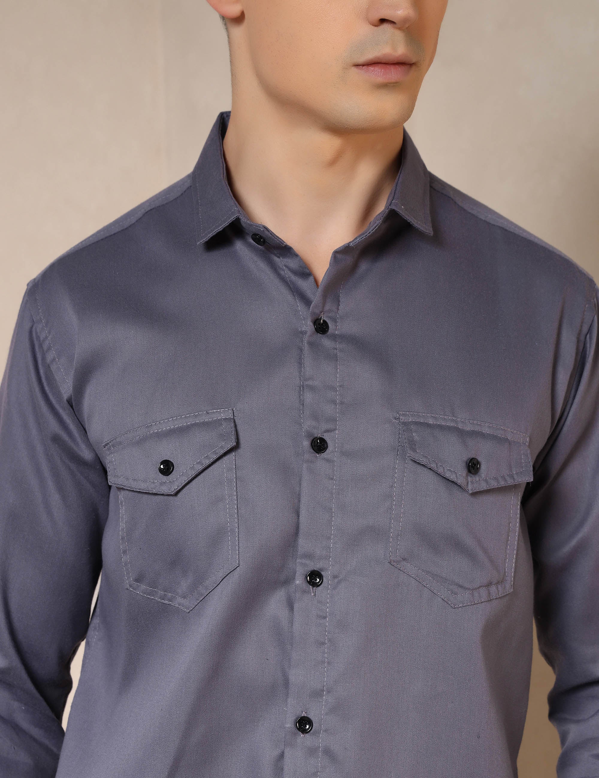 Classic Grey Dual Pocket Cotton Blend Shirt