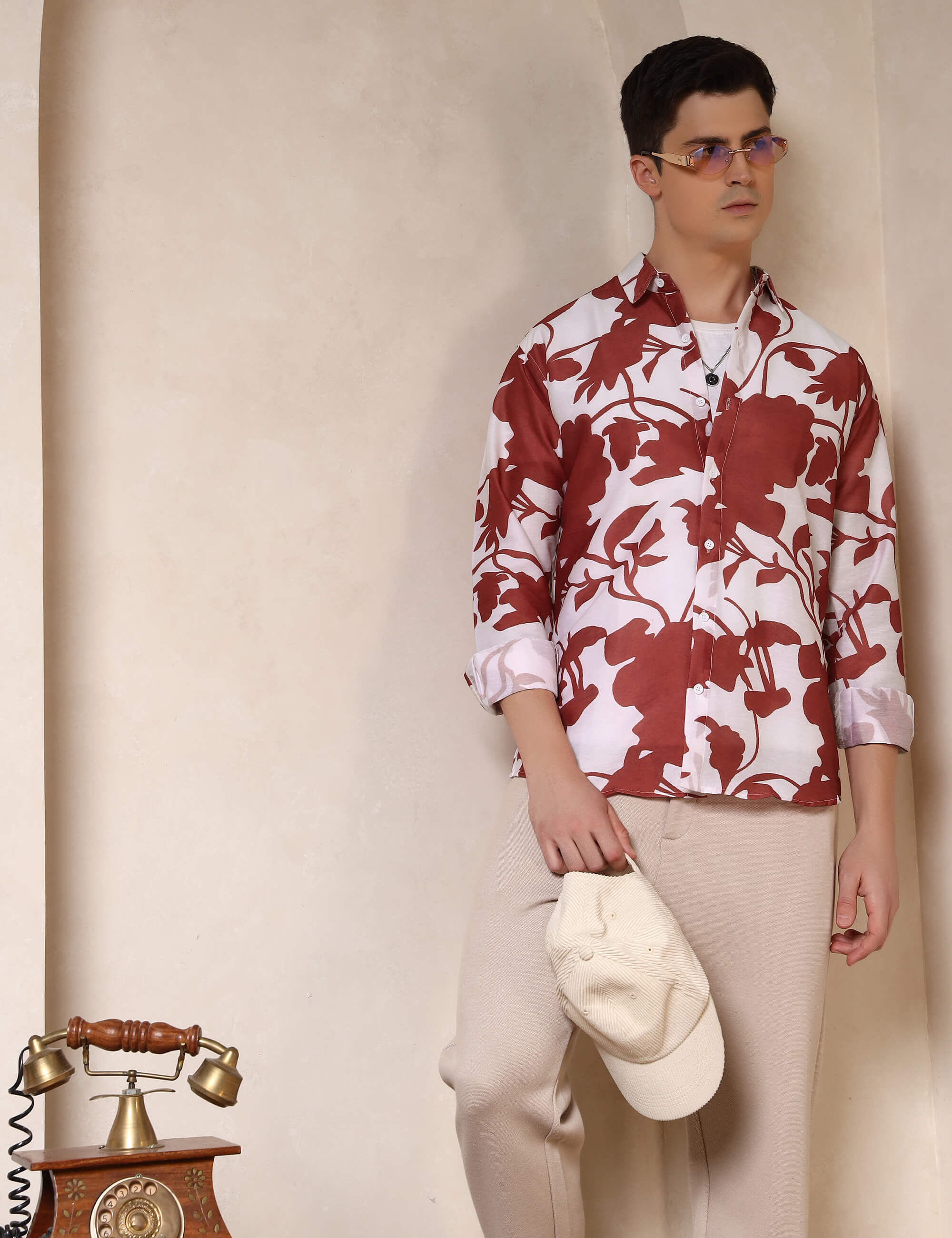 Rust Floral Silhouette Cotton Blend Casual Shirt