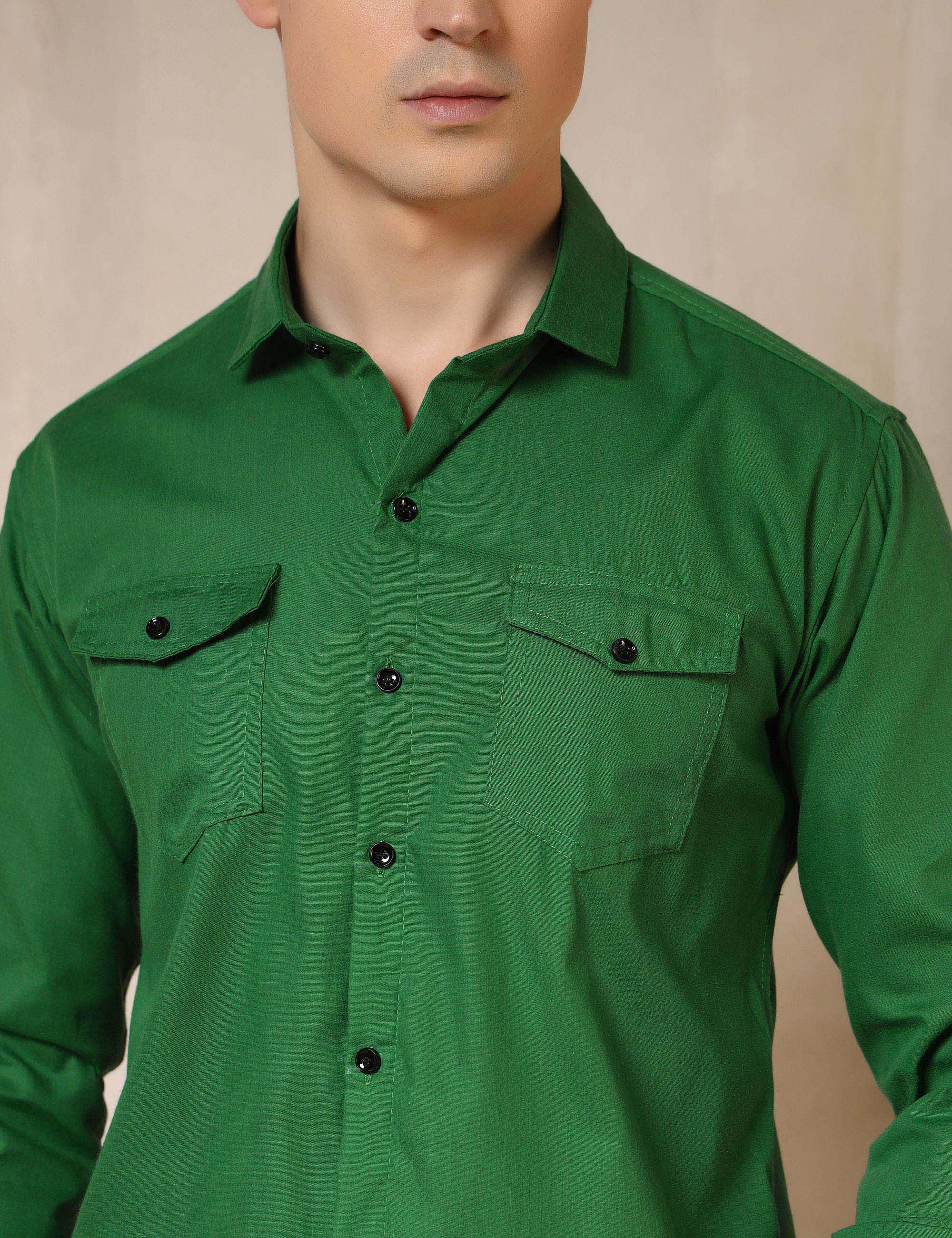 Classic Bright Green Dual Pocket Cotton Blend Shirt