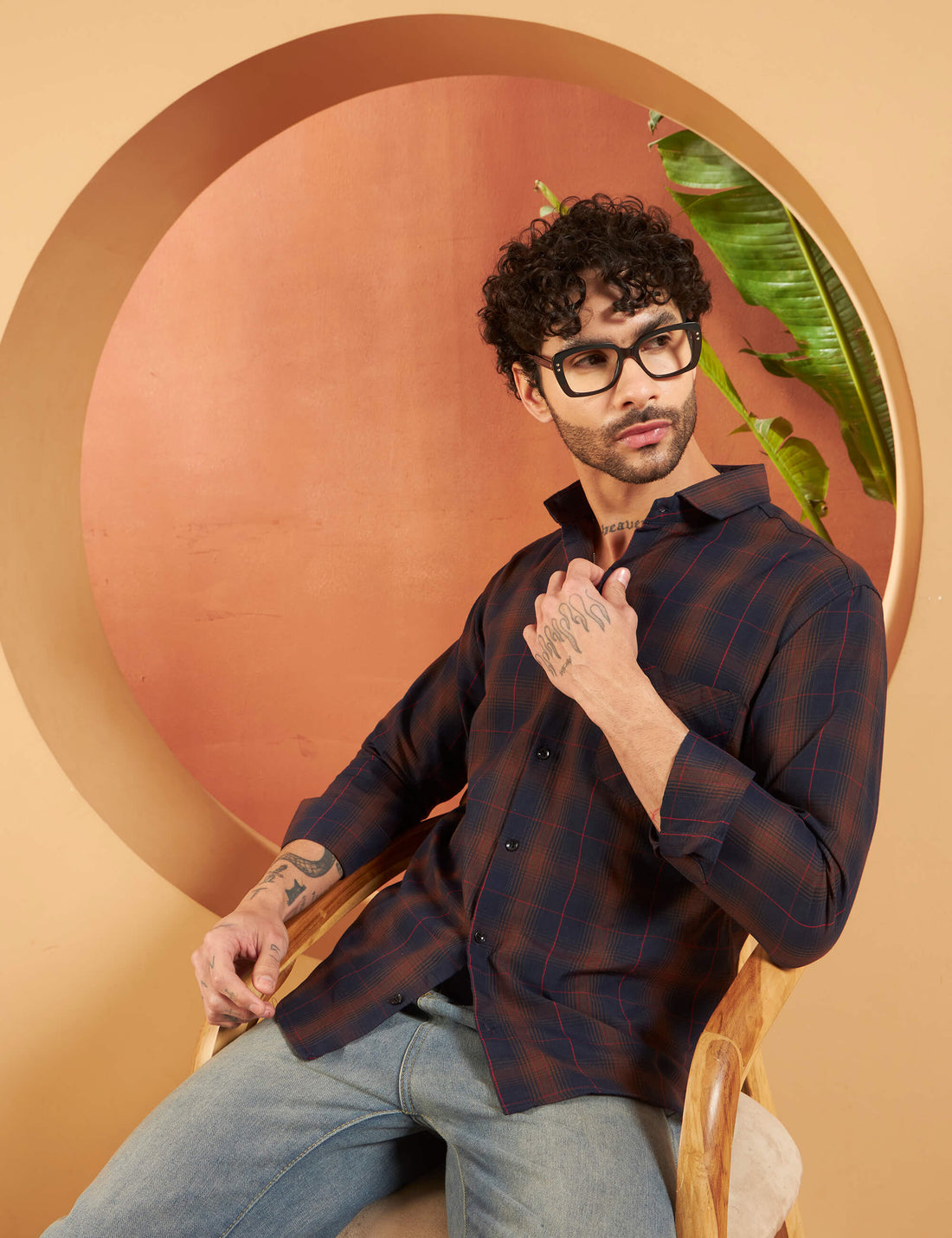 Rust Navy Grid Cotton-Blend Shirt