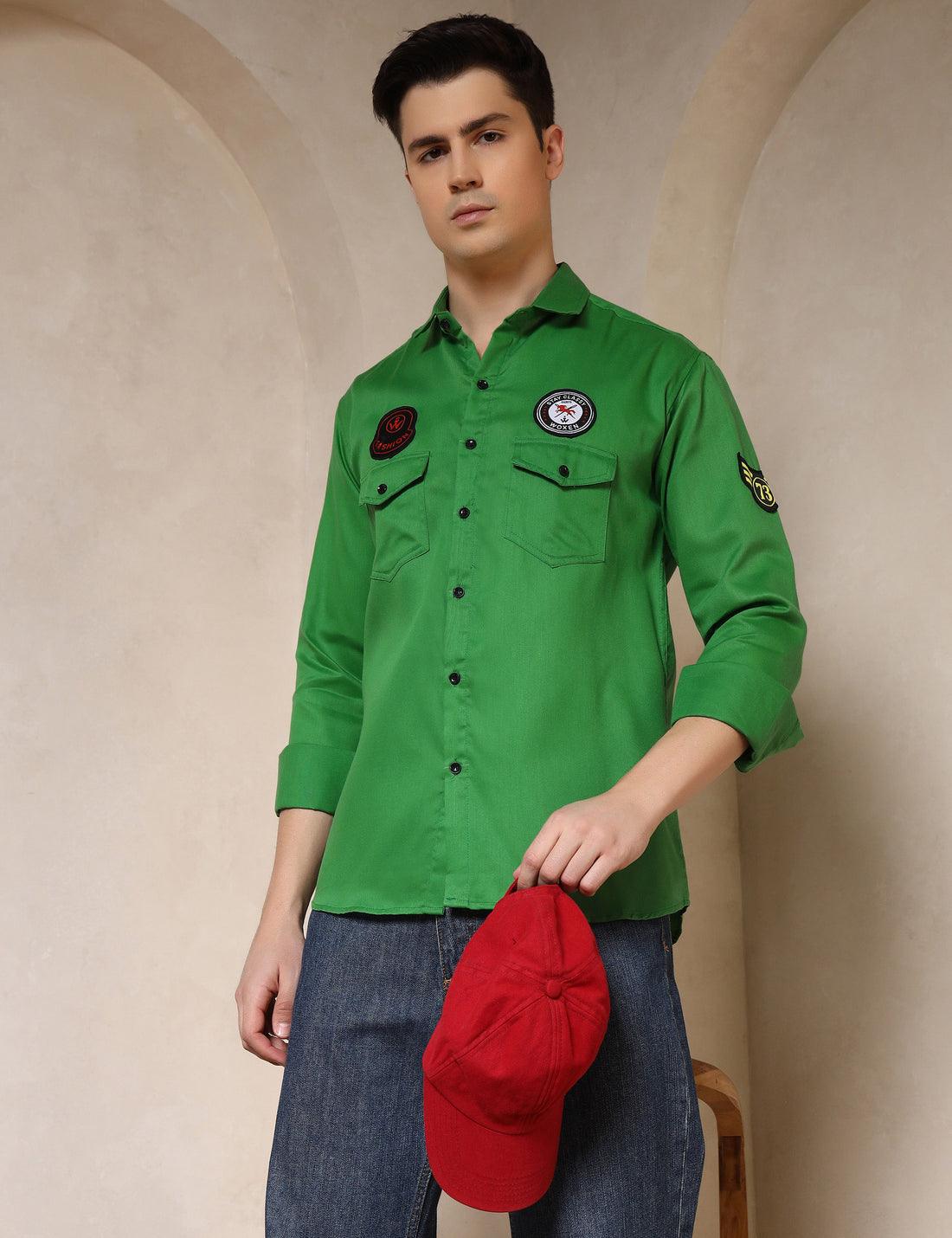 Urban Style Embroidery Patch Bright Green Cotton Blend Shirt