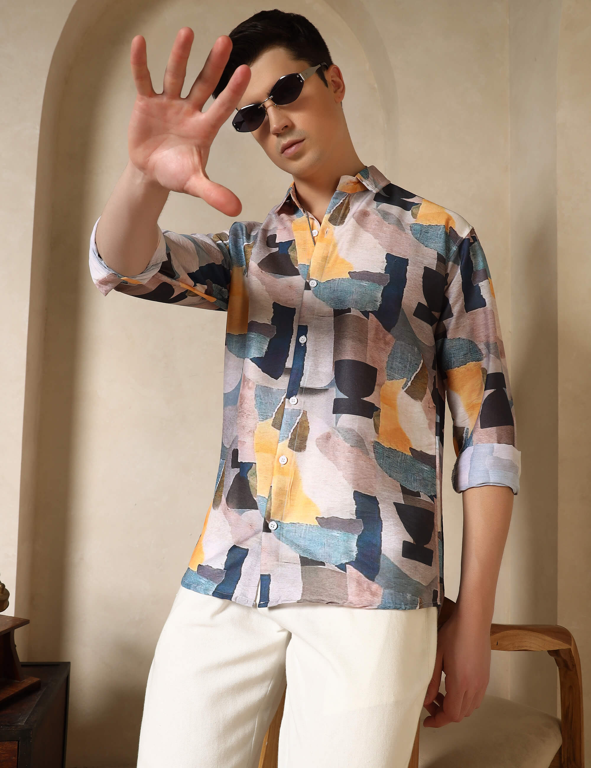 Abstract Brushstroke Printed Cotton Blend Casual Shirt