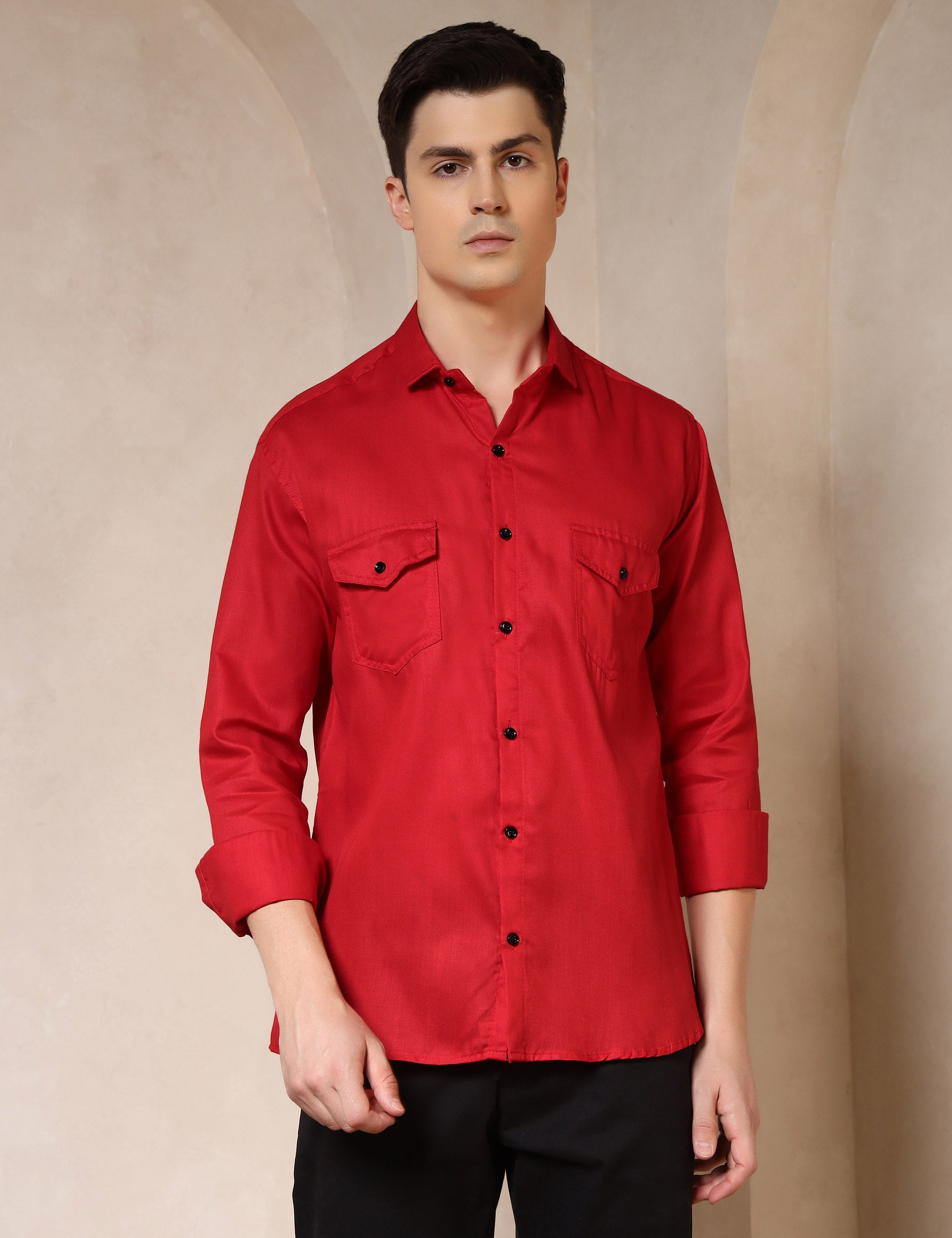 Classic Red Dual Pocket Cotton Blend Shirt