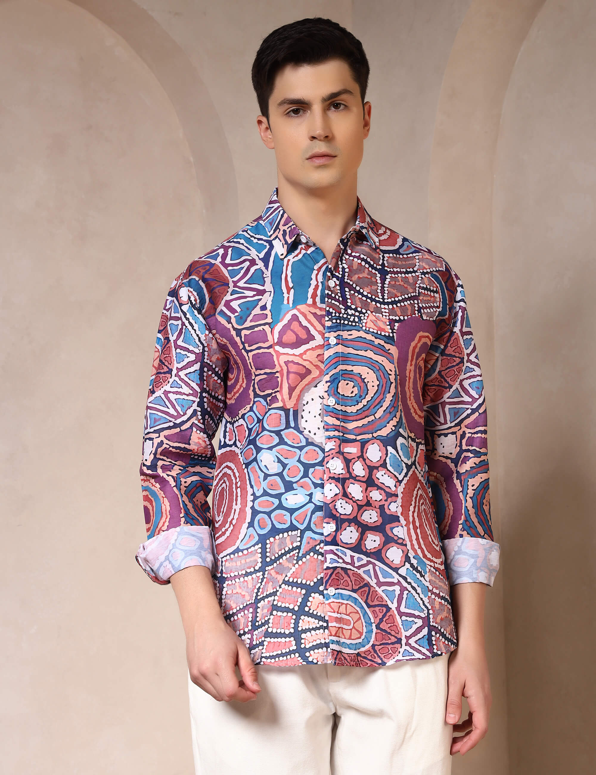 Vibrant Tribal Pattern Printed Cotton Blend Casual Shirt