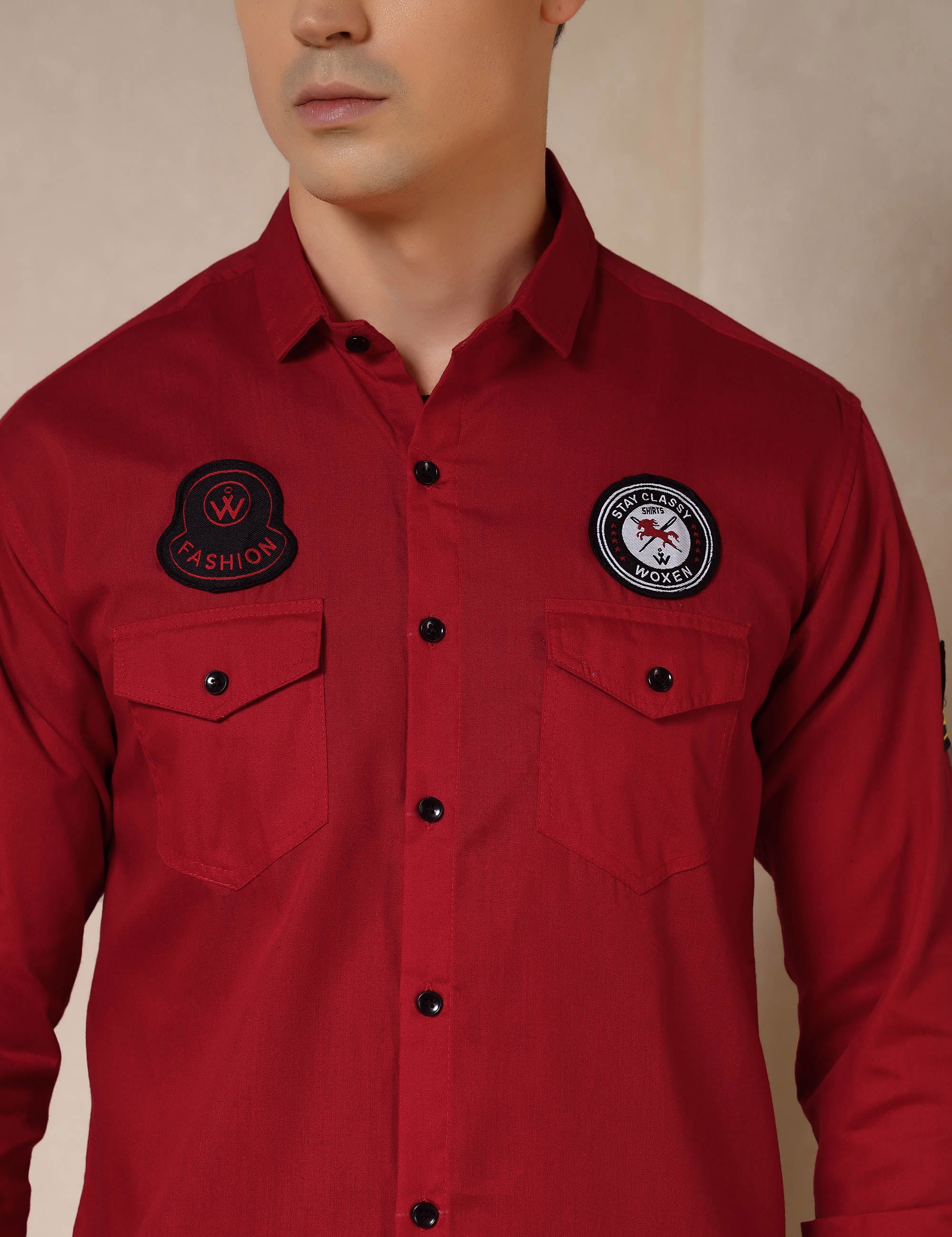 Urban Style Embroidery Patch Red Cotton Blend Shirt