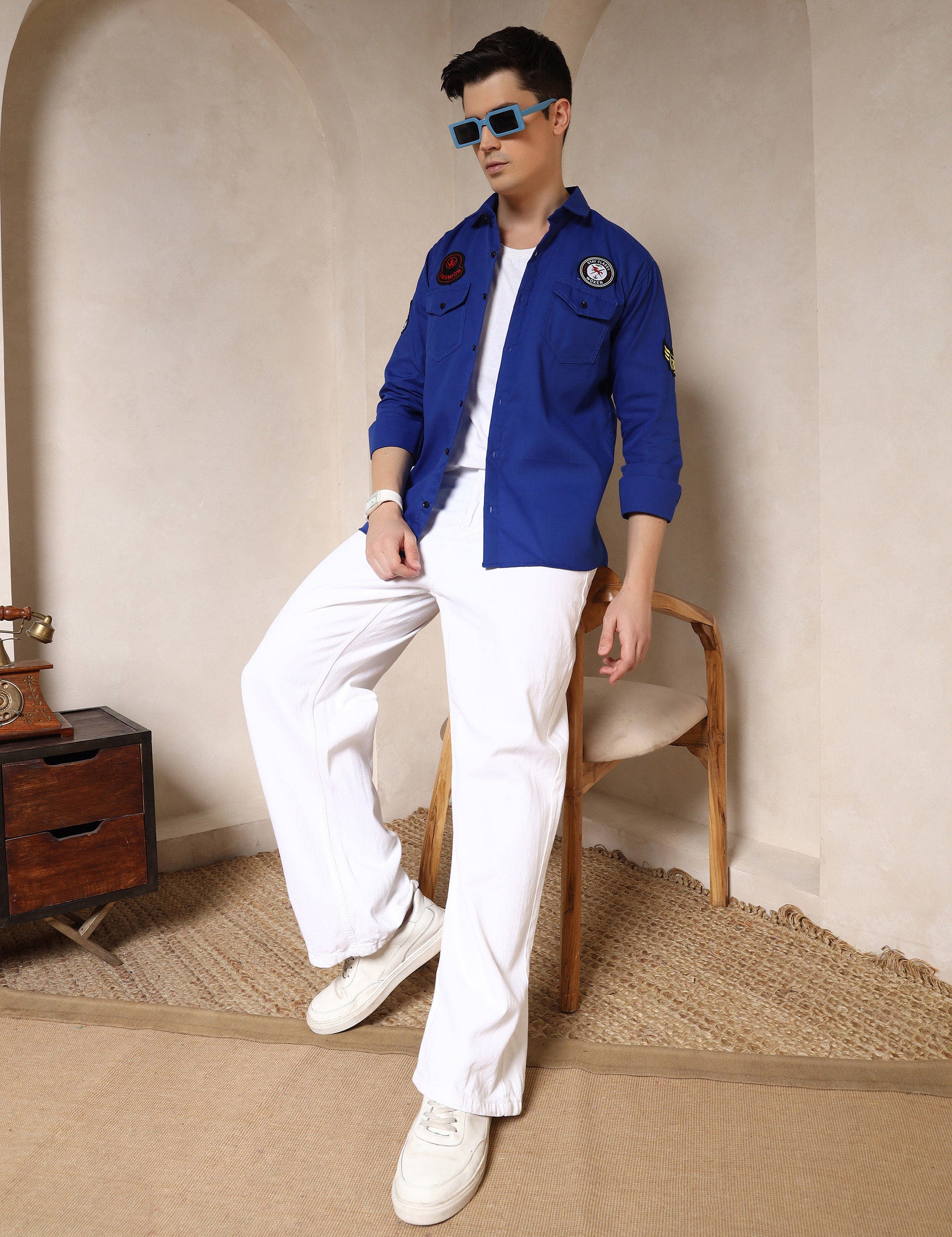 Urban Style Embroidery Patch Royal Blue Cotton Blend Shirt
