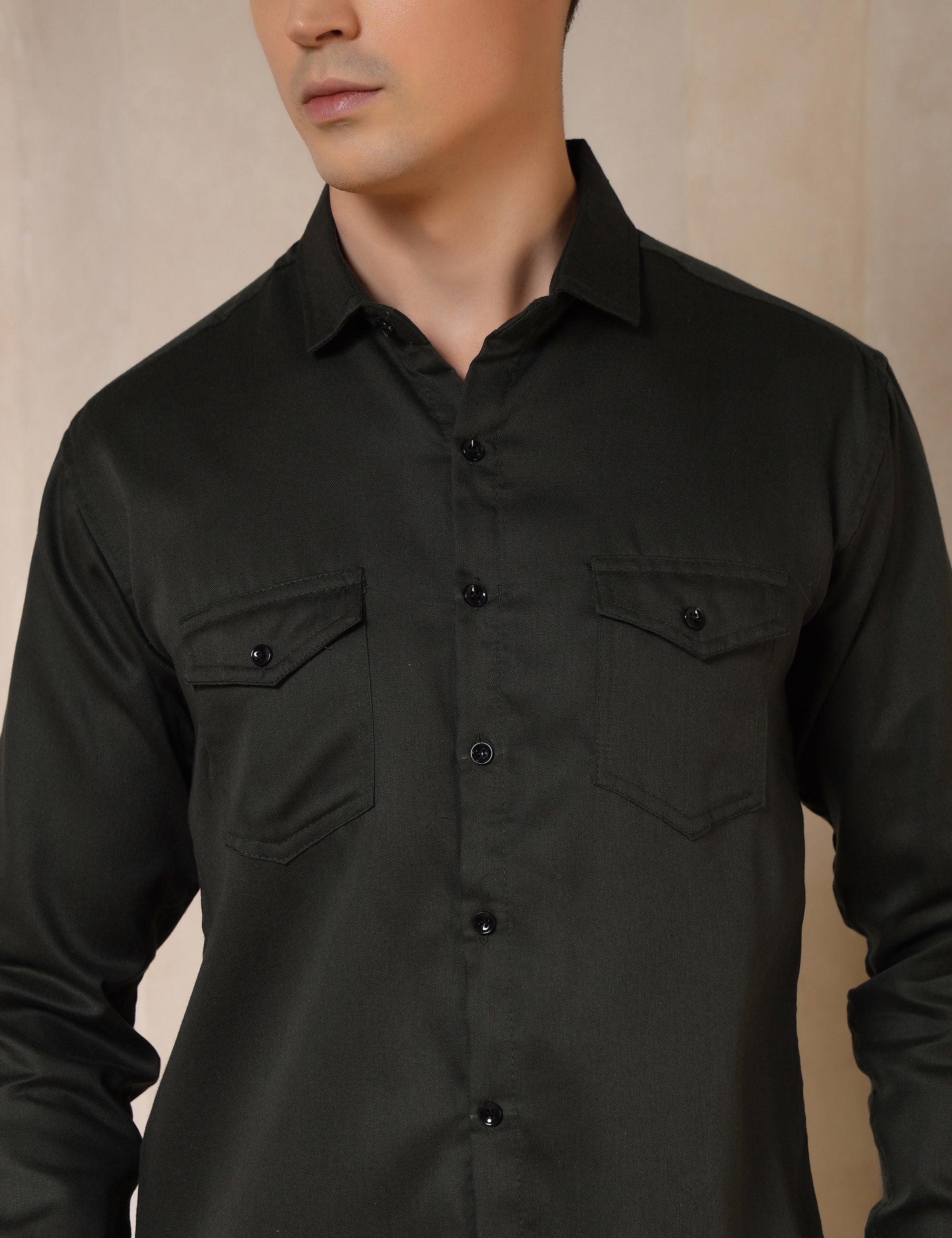 Classic Olive Green Dual Pocket Cotton Blend Shirt