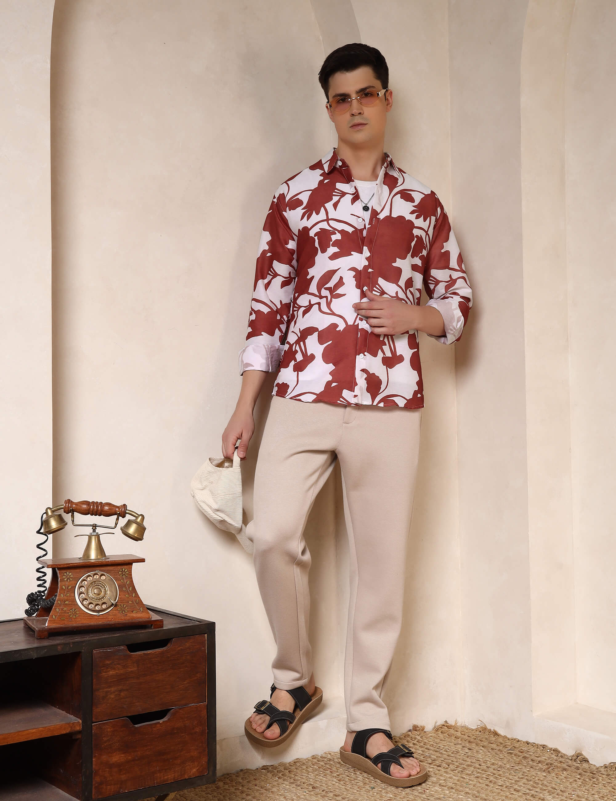 Rust Floral Silhouette Cotton Blend Casual Shirt