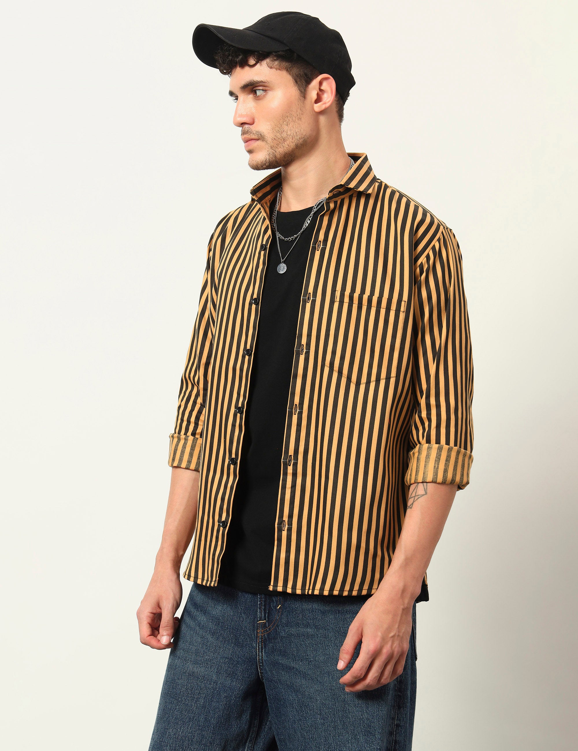 Inferno Stripes Casual Ochre Yellow Cotton Blend Shirt