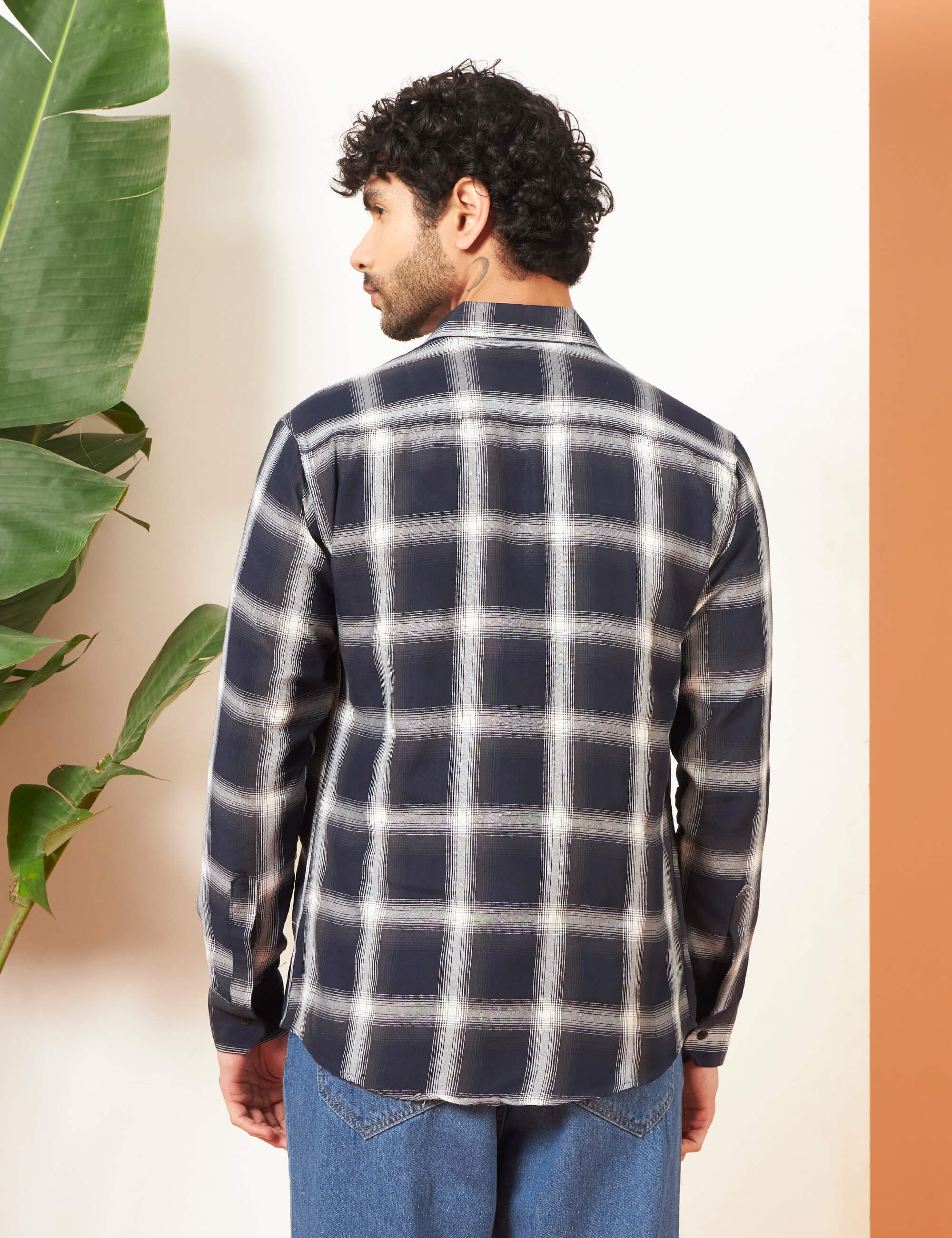 Urban Grid Navy Cotton-Blend Shirt