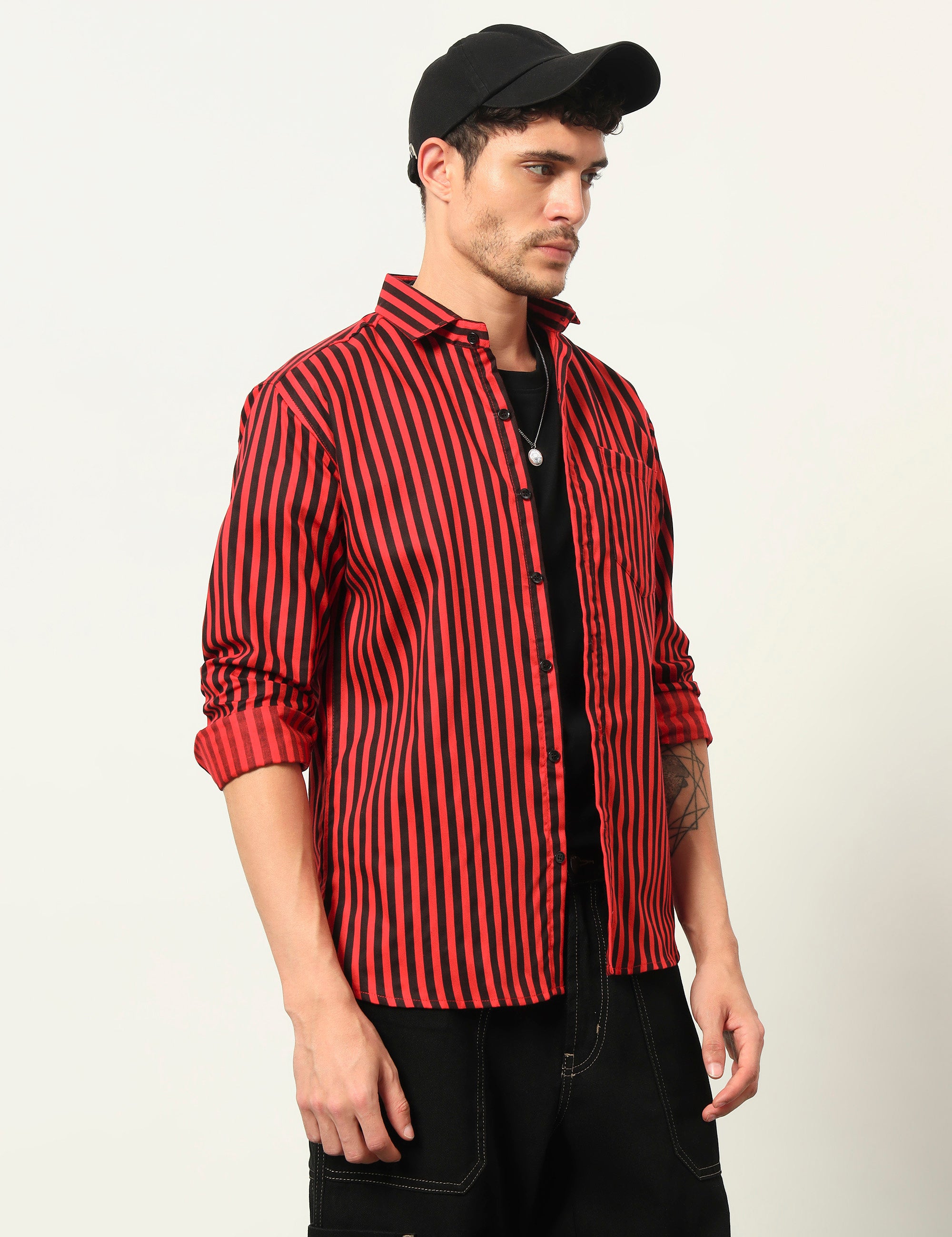 Inferno Stripes Casual Red Cotton Blend Shirt
