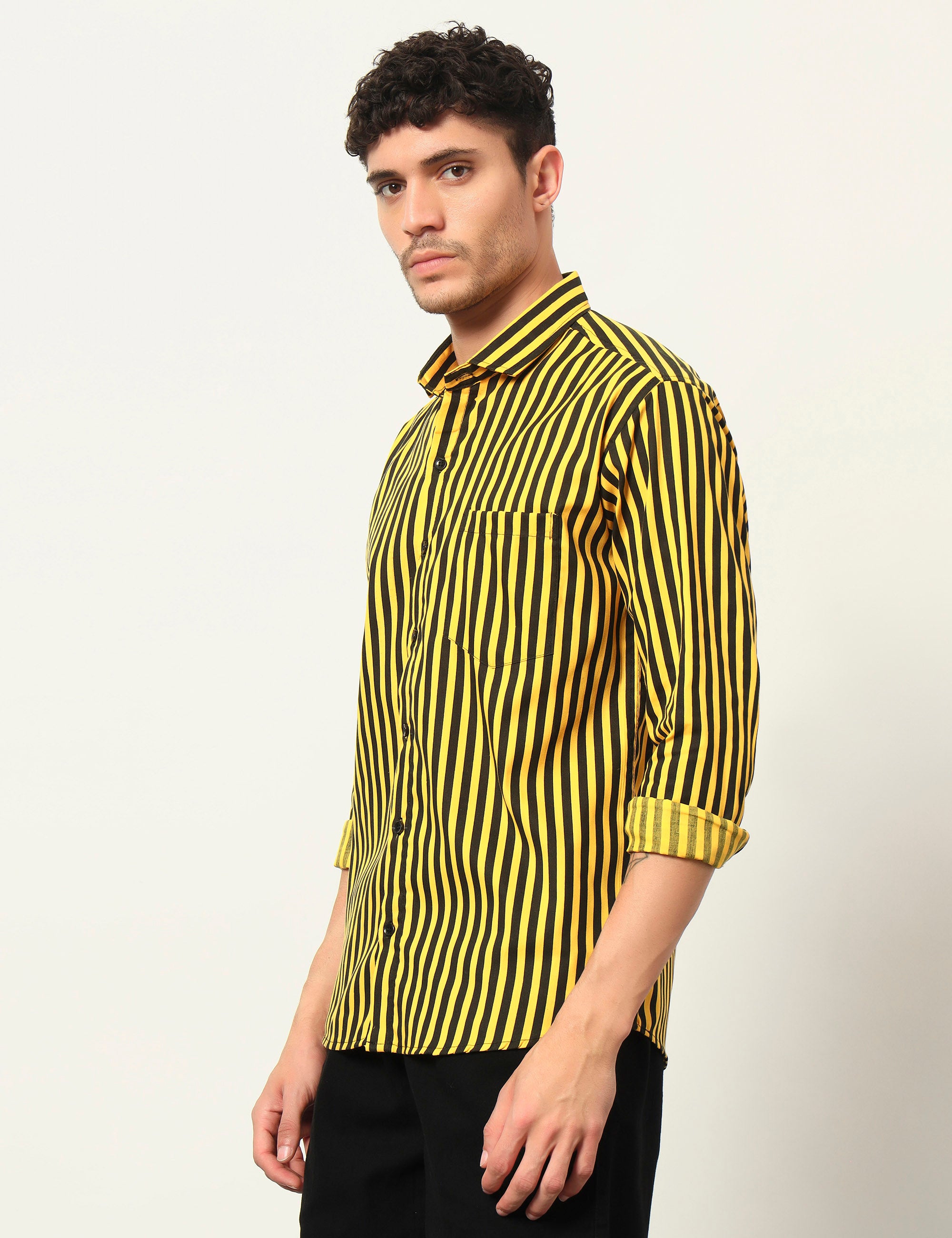 Inferno Stripes Casual Yellow Cotton Blend Shirt