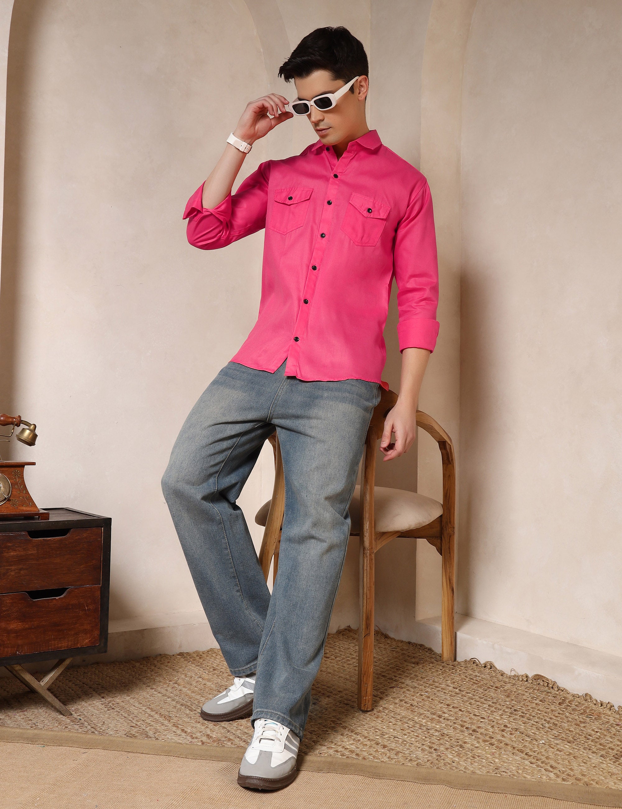 Classic Pink Dual Pocket Cotton Blend Shirt