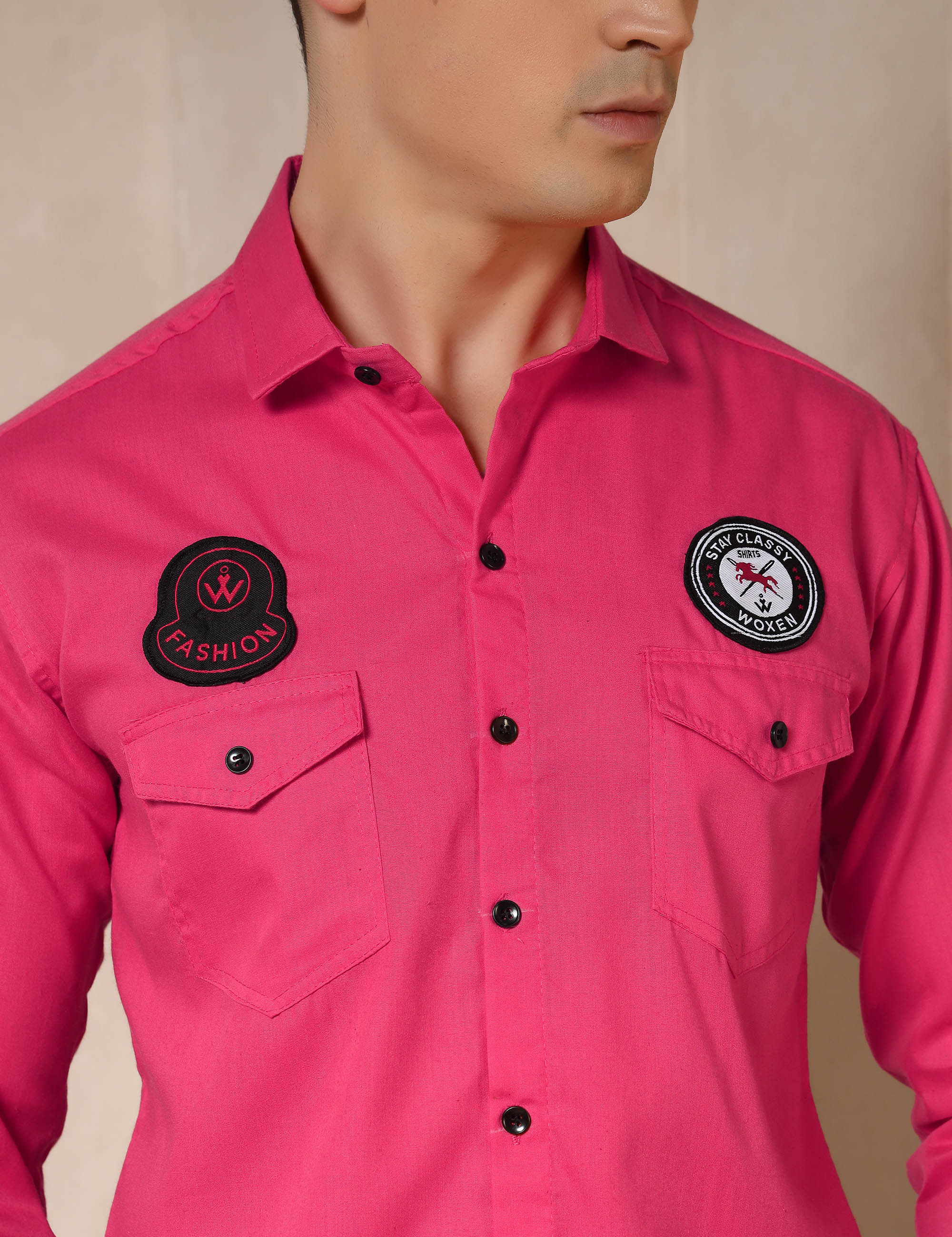 Urban Style Embroidery Patch Pink Cotton Blend Shirt