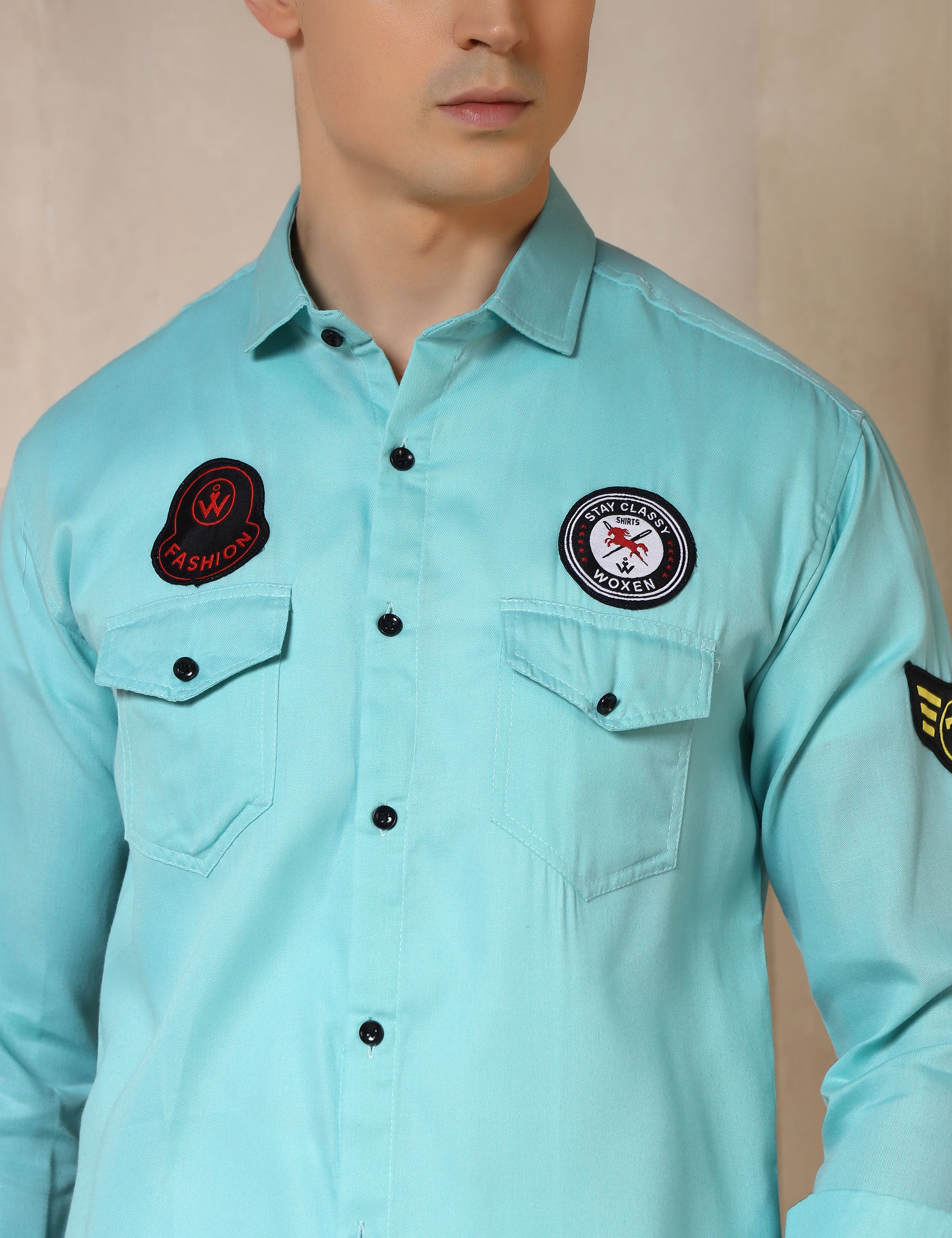 Urban Style Embroidery Patch Sea Green Cotton Blend Shirt
