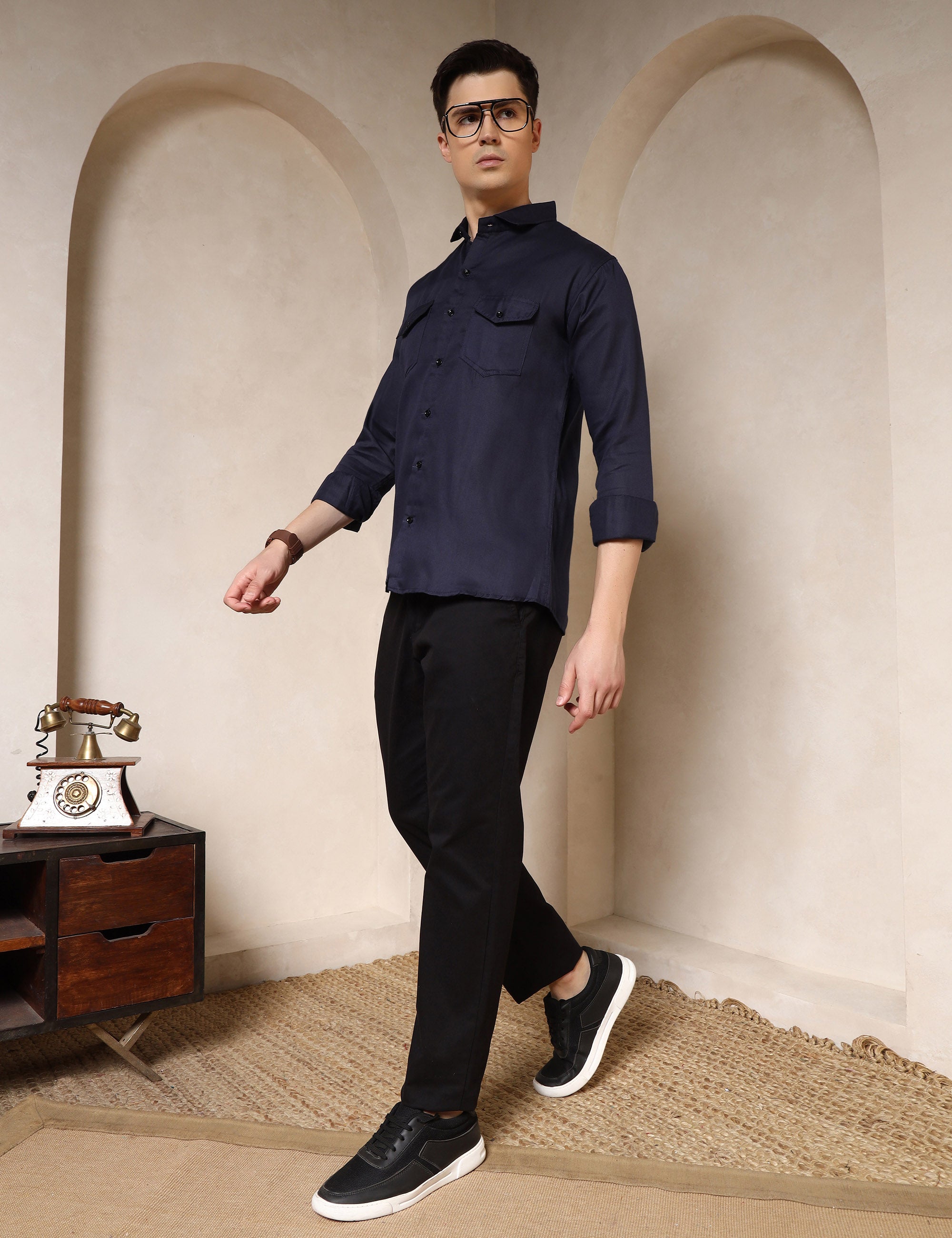 Classic Navy Blue Dual Pocket Cotton Blend Shirt