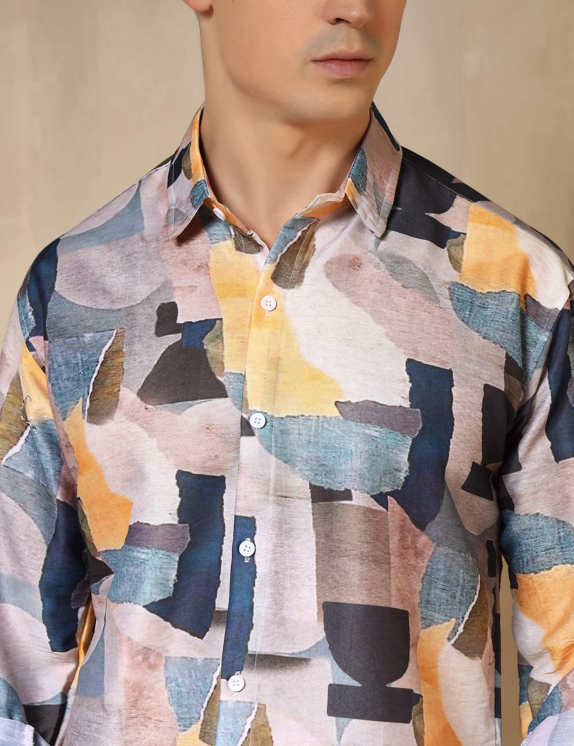 Abstract Brushstroke Printed Cotton Blend Casual Shirt