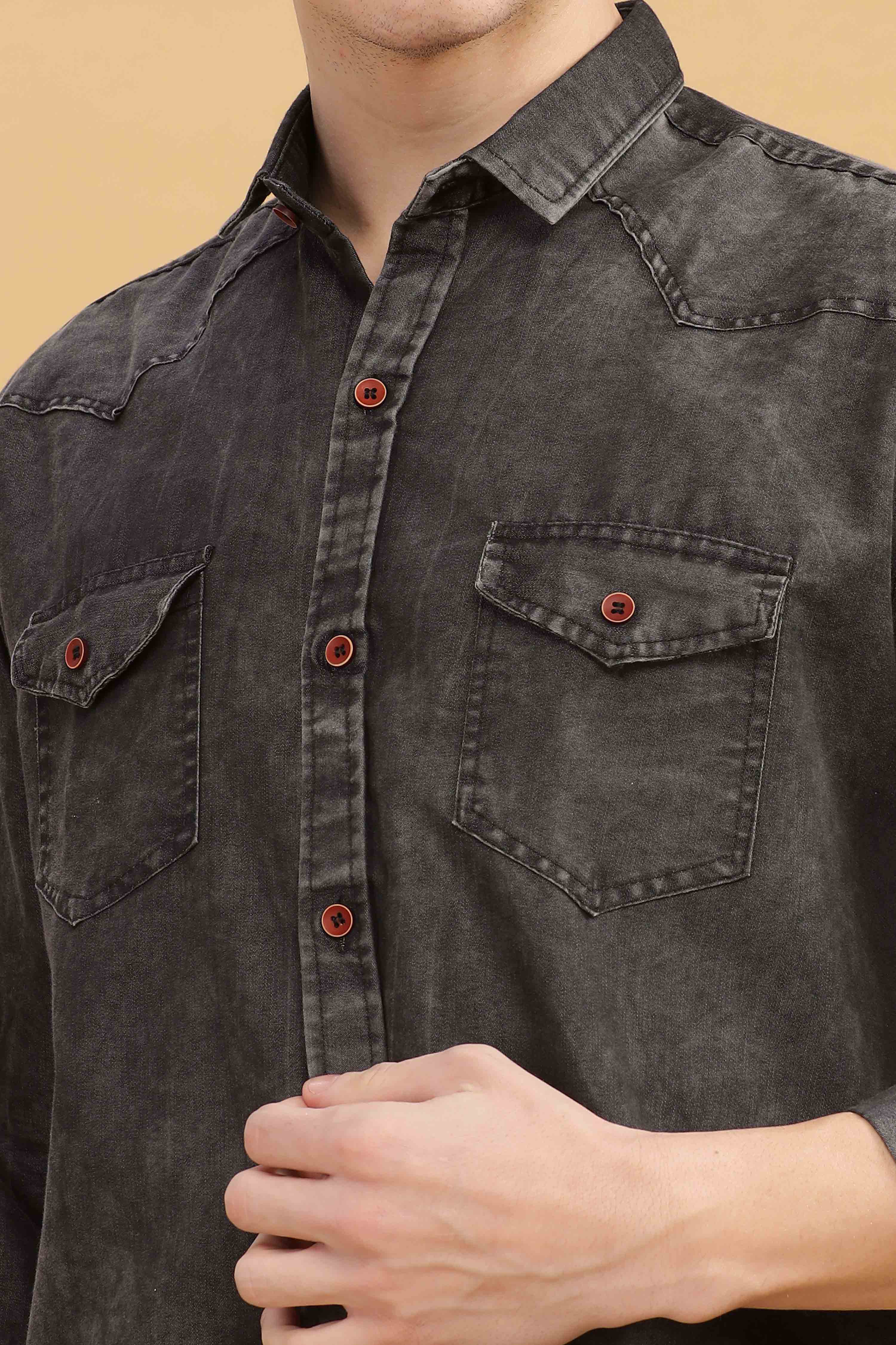 Men’s Washed Black Denim Utility Shirt