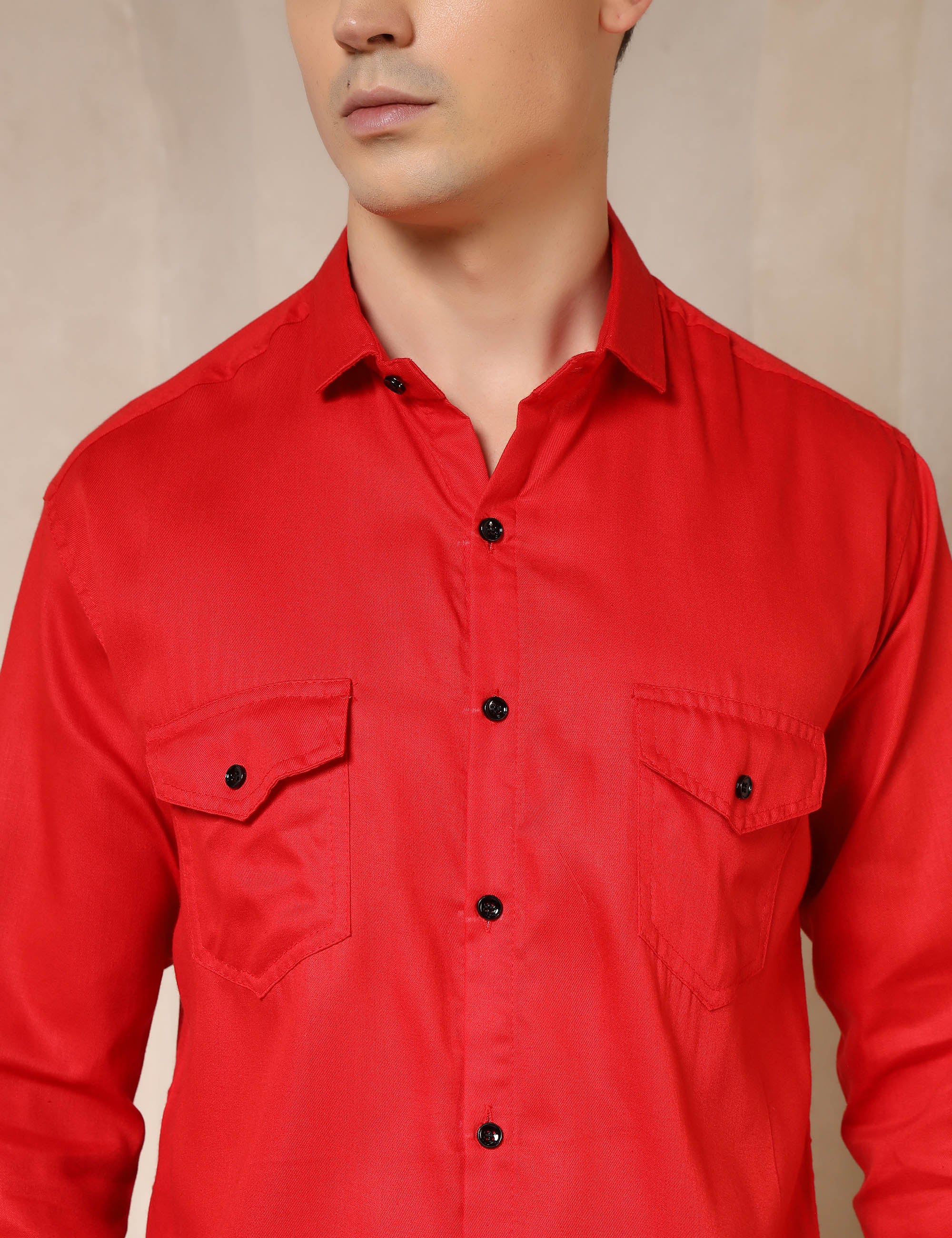 Classic Red Dual Pocket Cotton Blend Shirt