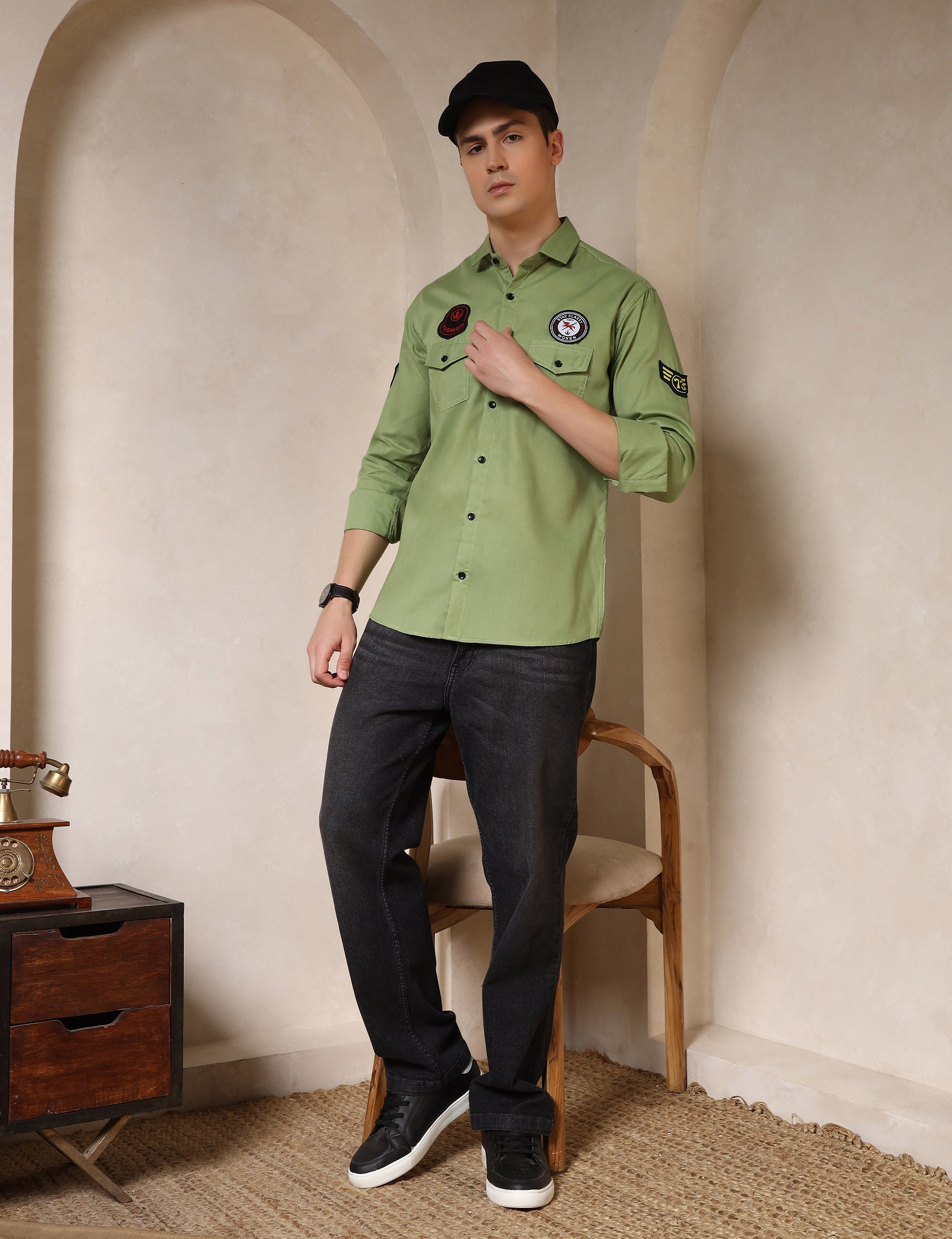Urban Style Embroidery Patch Light Green Cotton Blend Shirt
