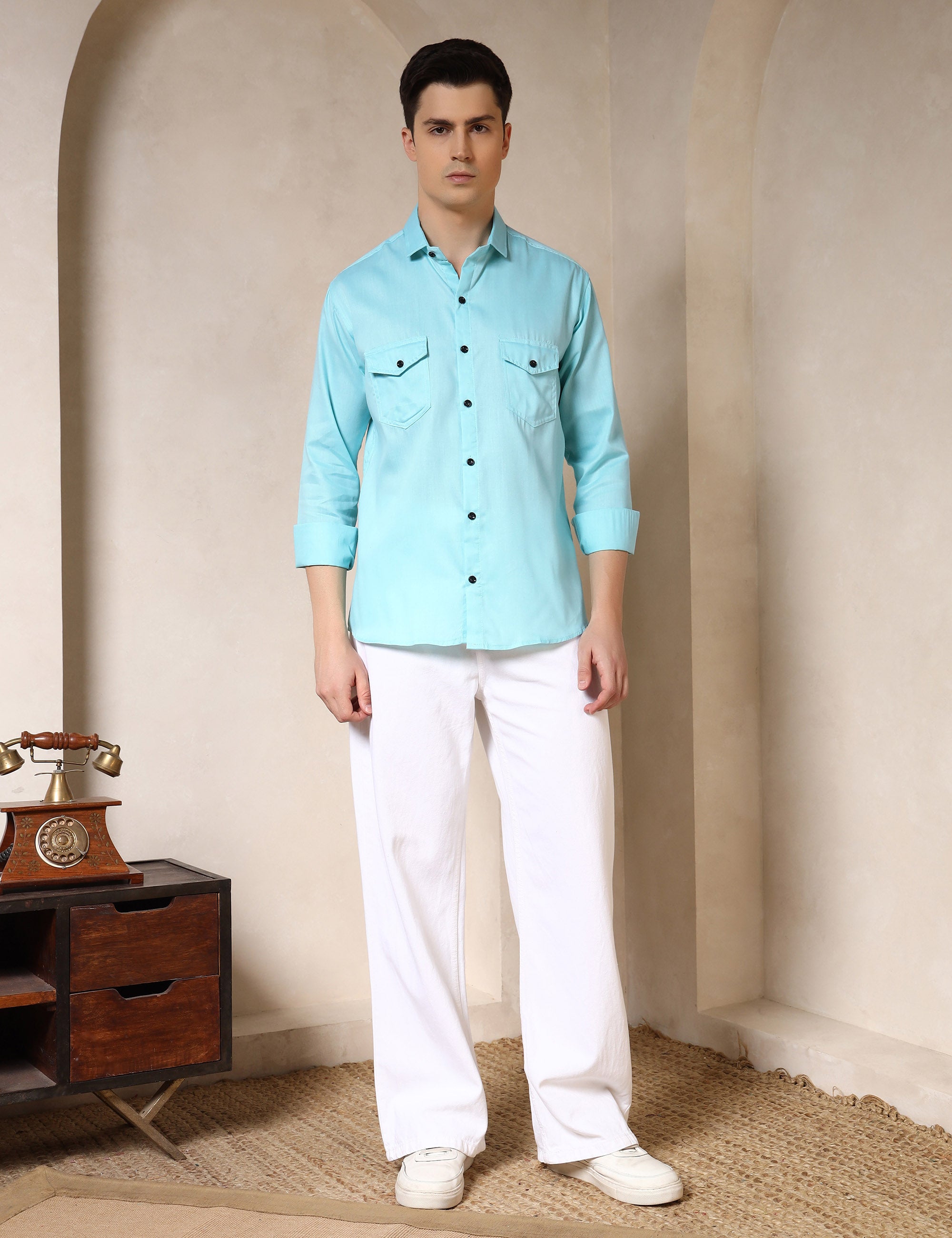 Classic Sea Green Dual Pocket Cotton Blend Shirt