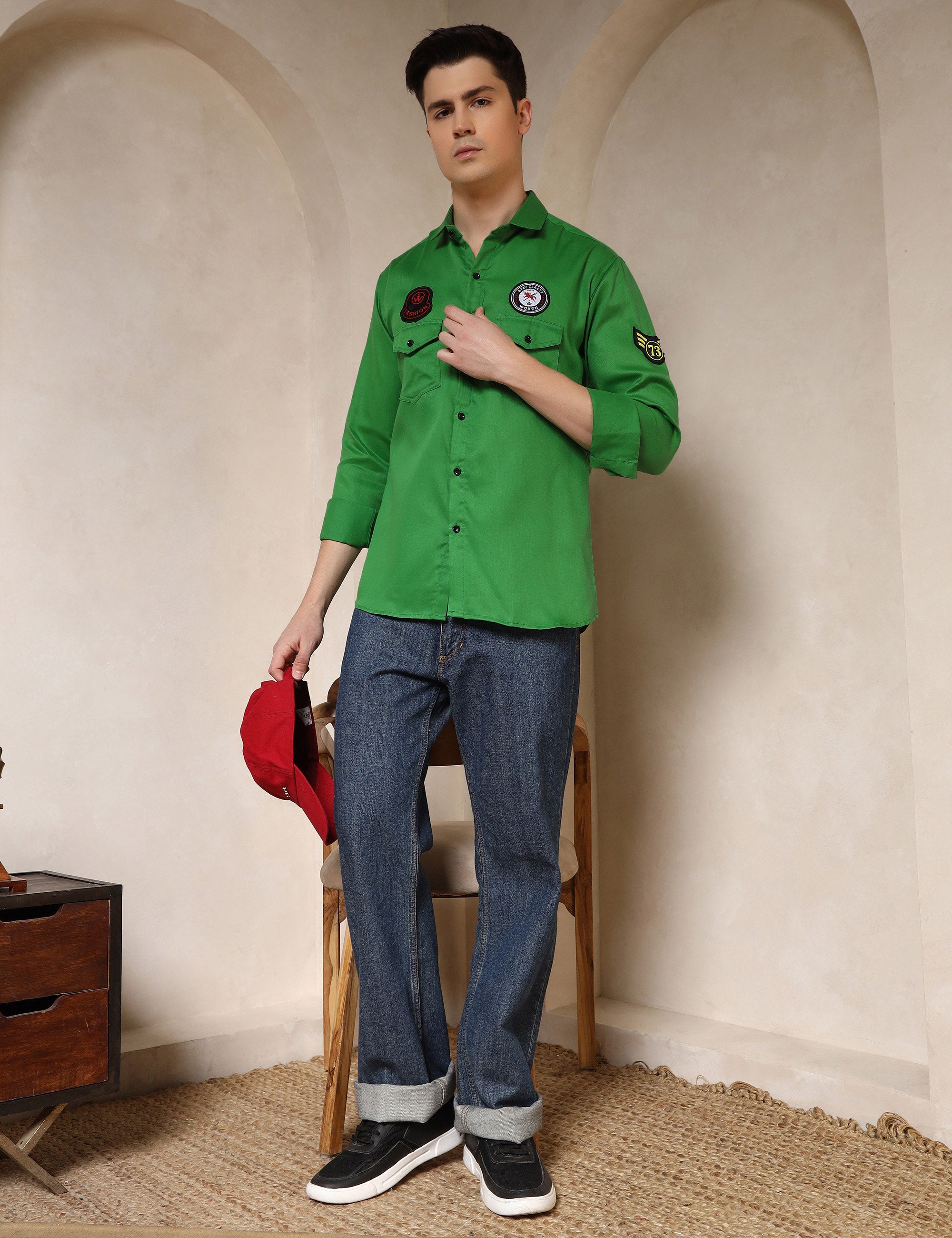 Urban Style Embroidery Patch Bright Green Cotton Blend Shirt