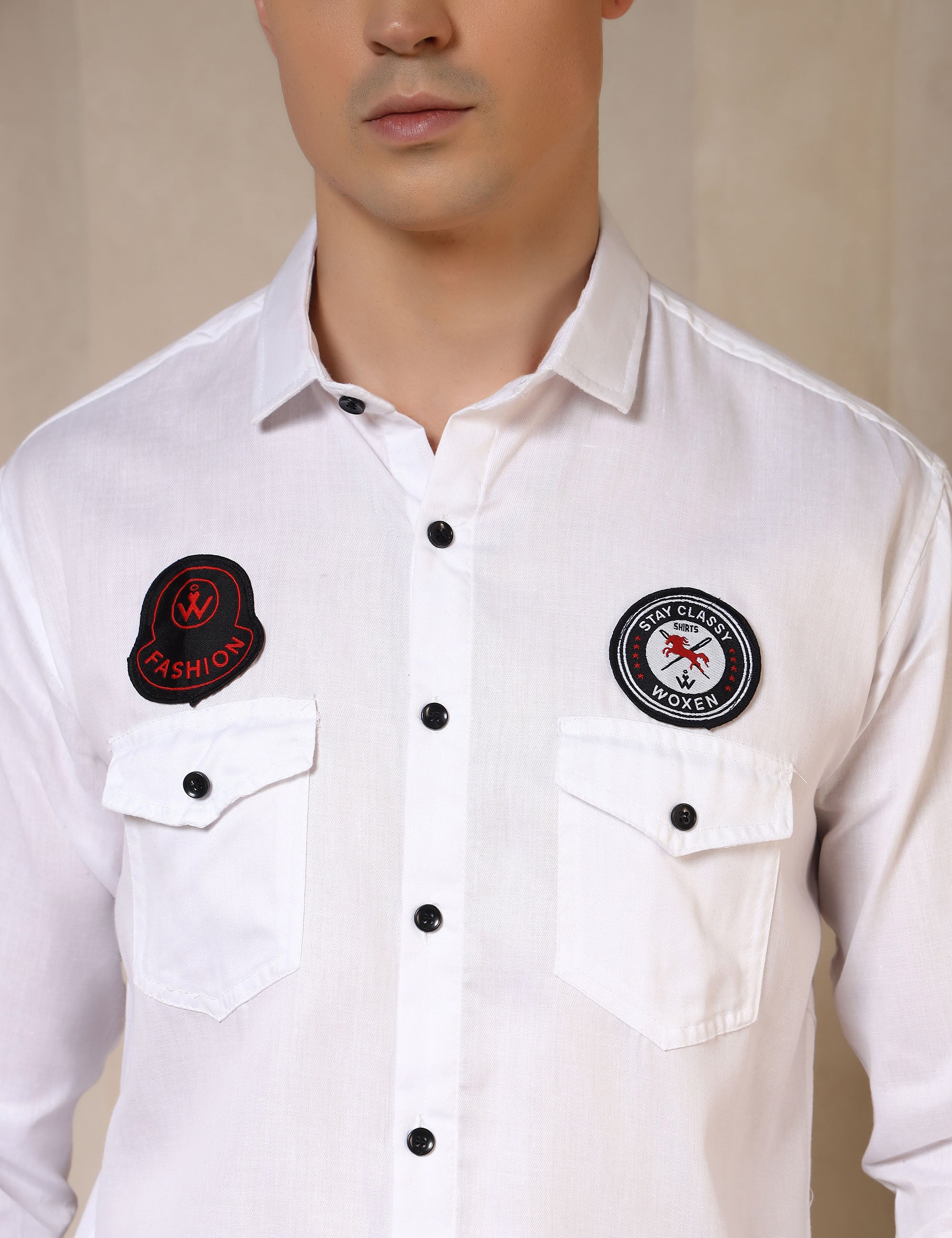 Urban Style Embroidery Patch White Cotton Blend Shirt