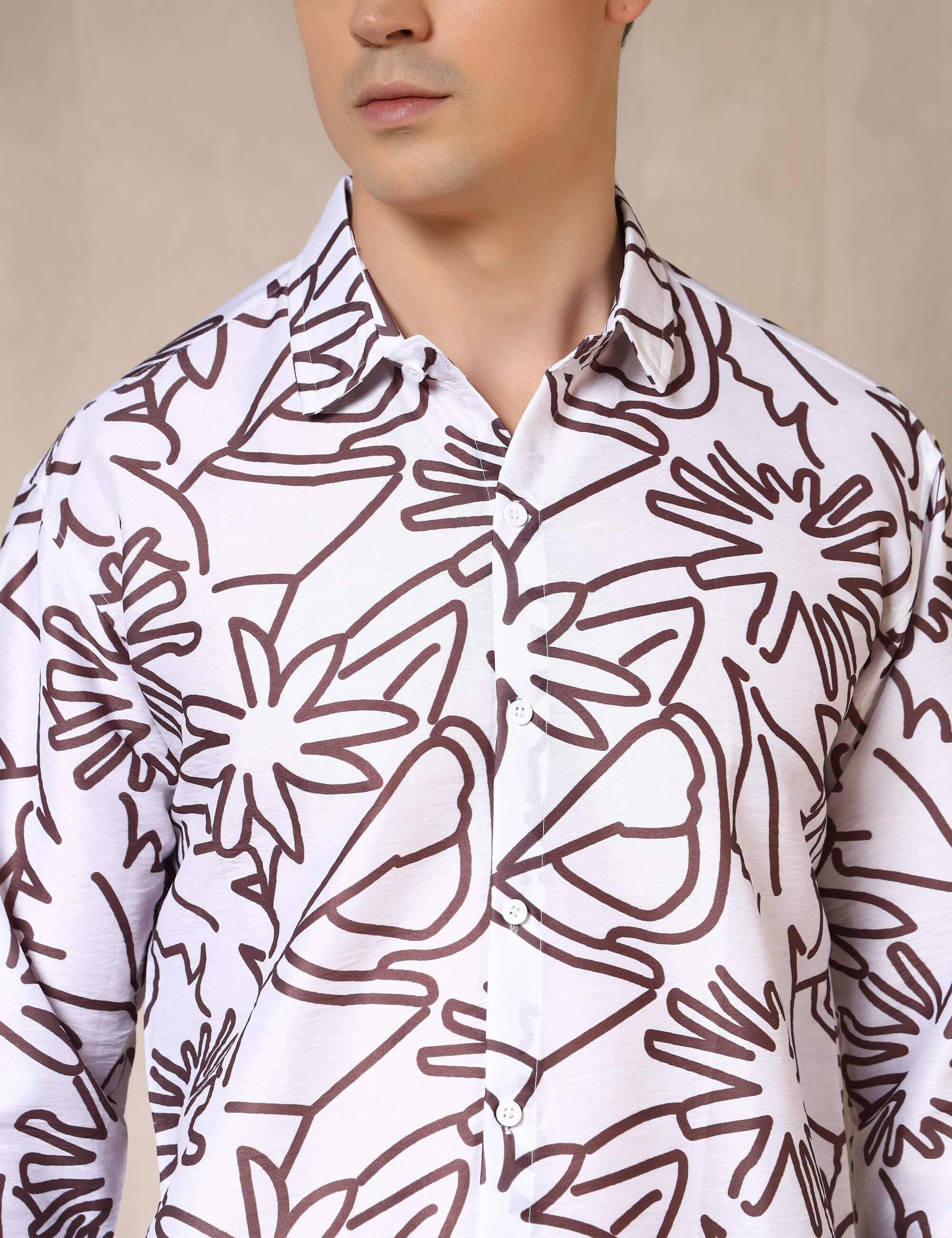 Minimal Floral Line Art Cotton Blend Casual Shirt
