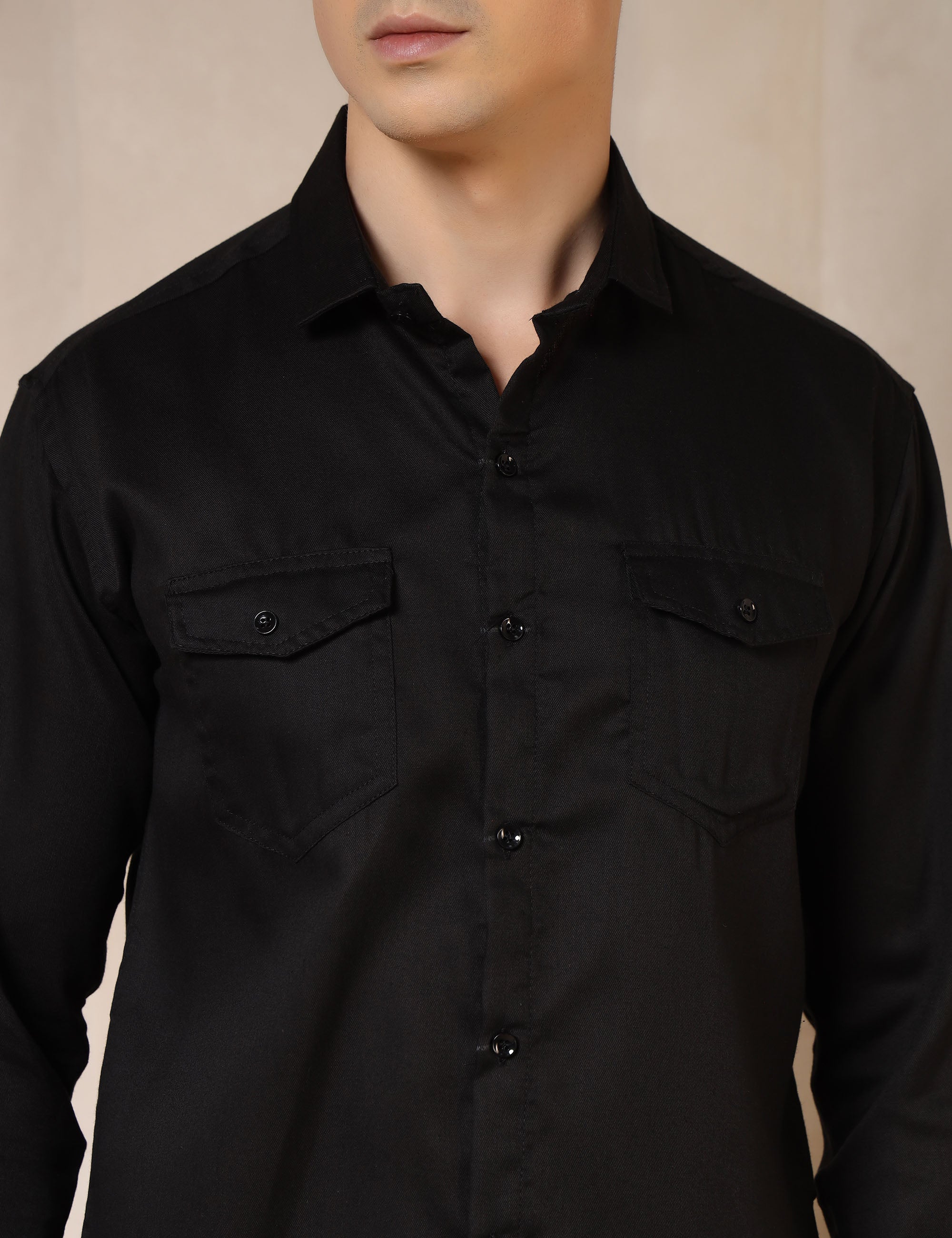 Classic Black Dual Pocket Cotton Blend Shirt