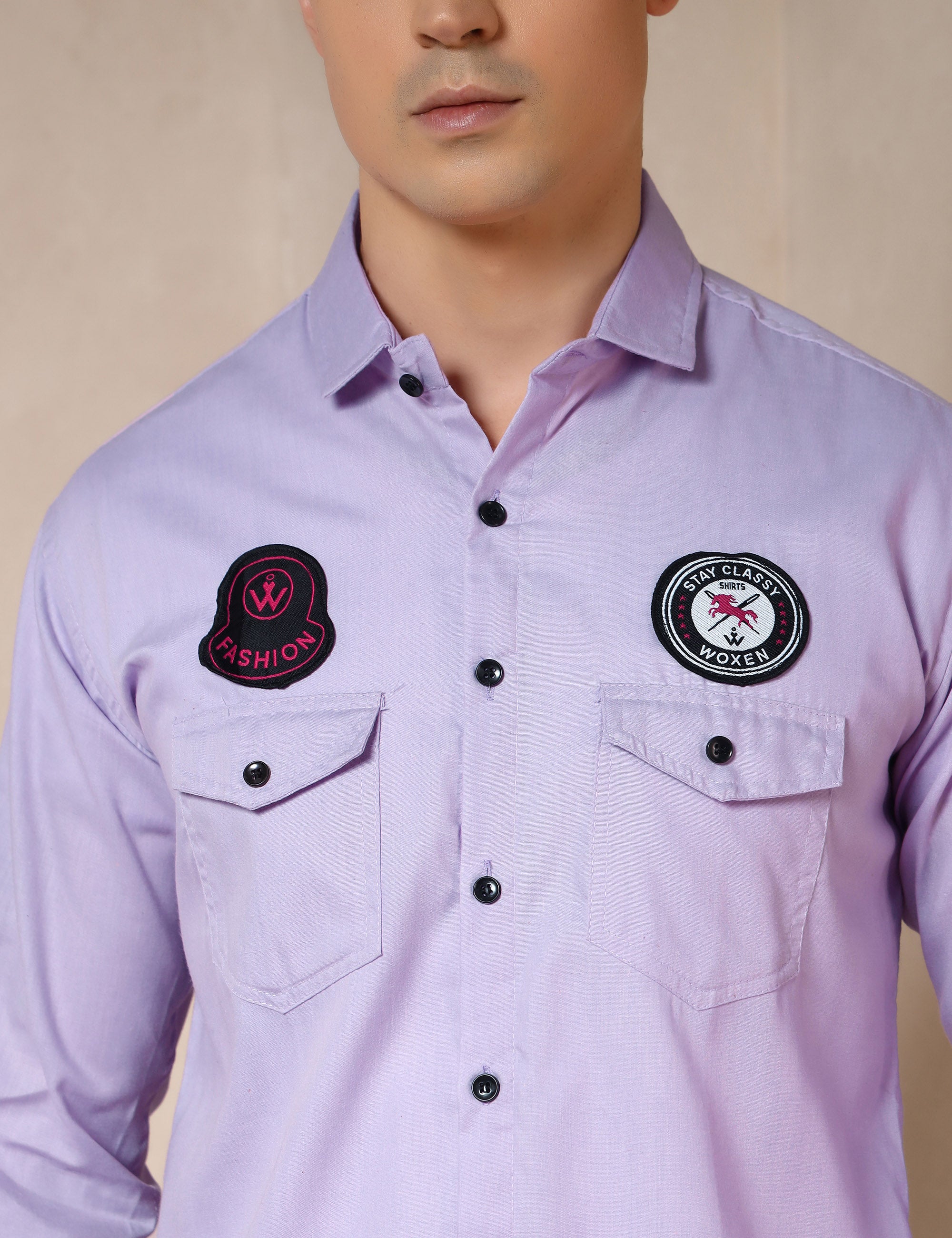 Urban Style Embroidery Patch Lavender Cotton Blend Shirt