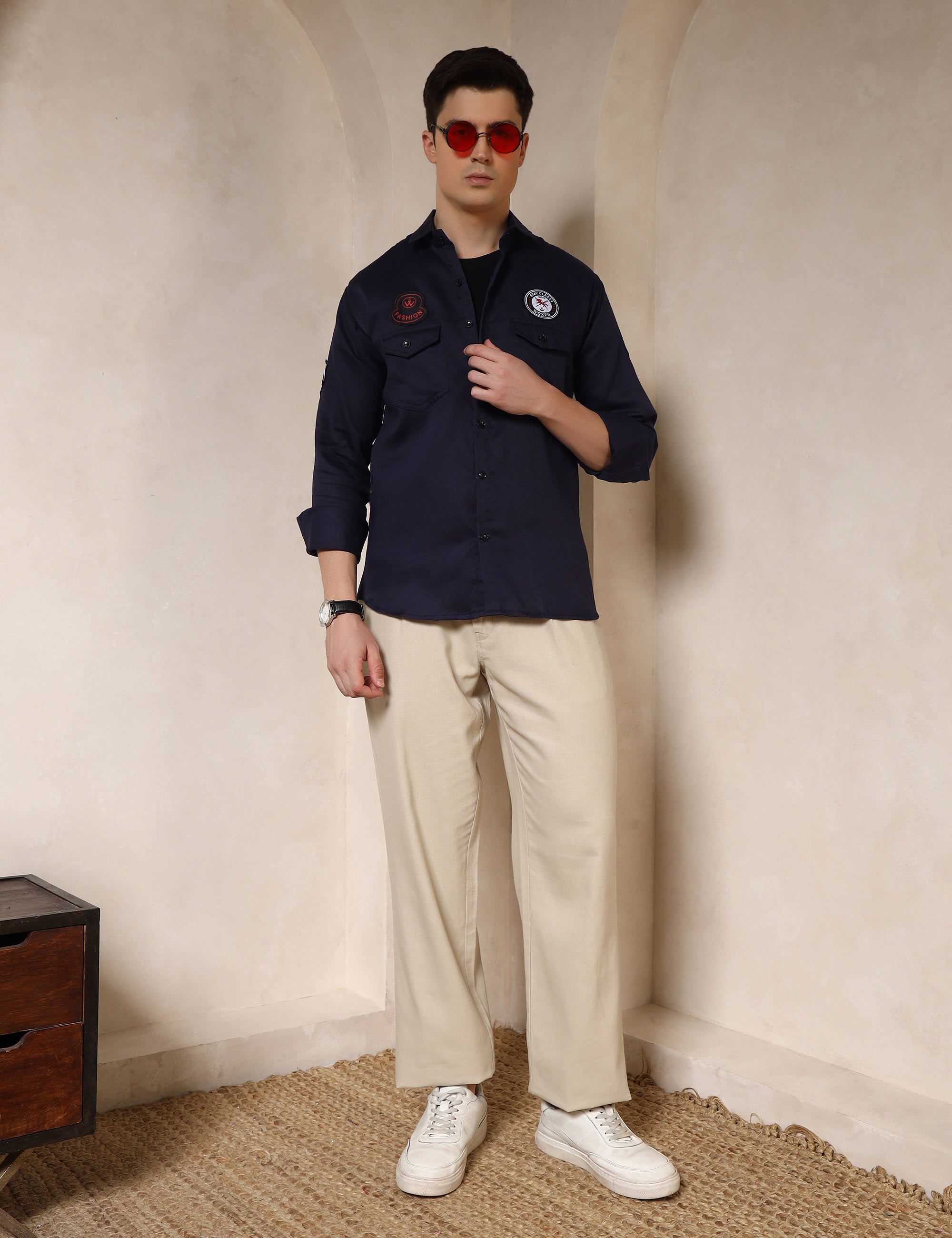 Urban Style Embroidery Patch Navy Blue Cotton Blend Shirt